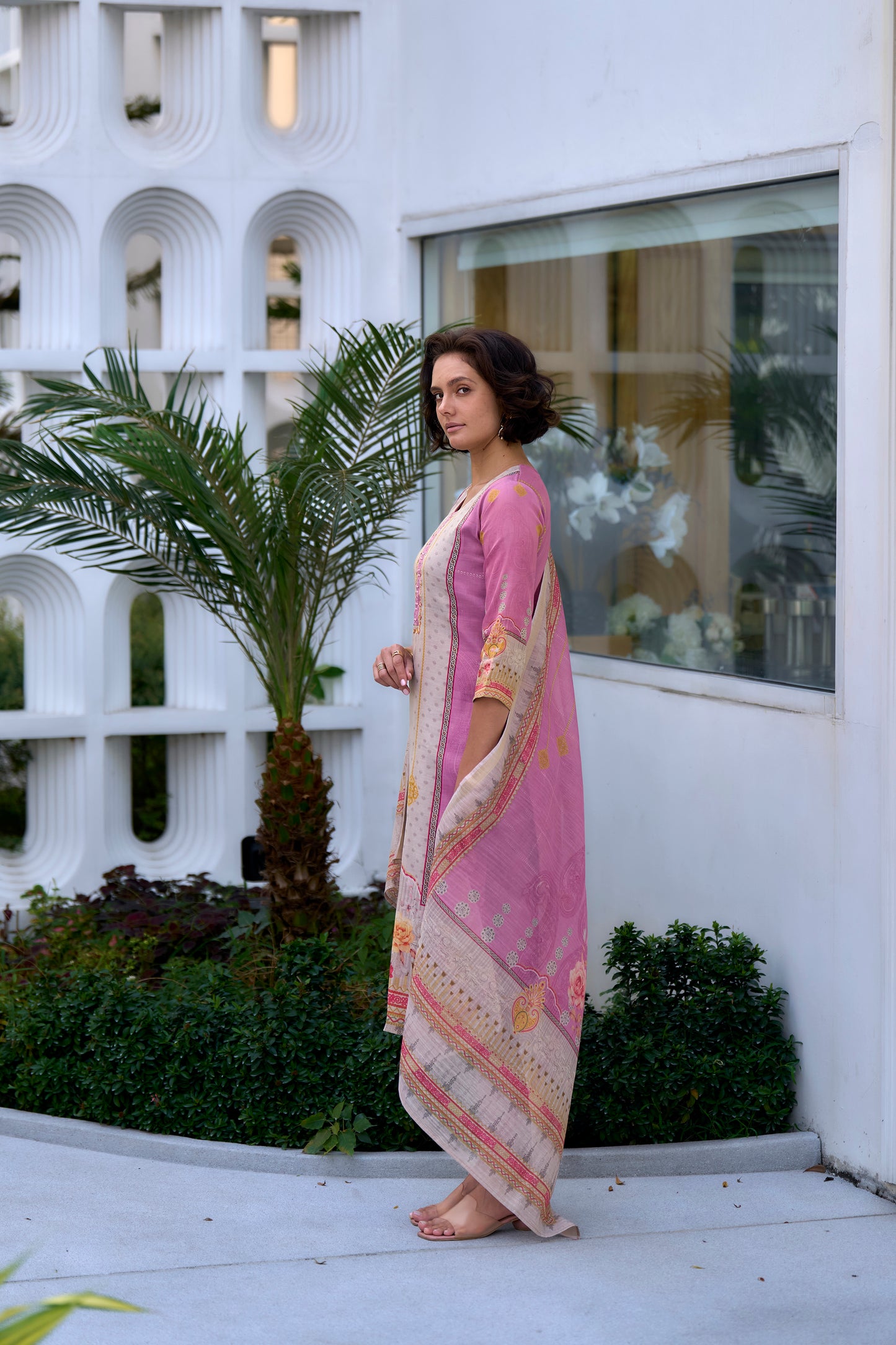 Elegant Pink Silk Blend Kurta Set with Embroidered Neckline & Dupatta