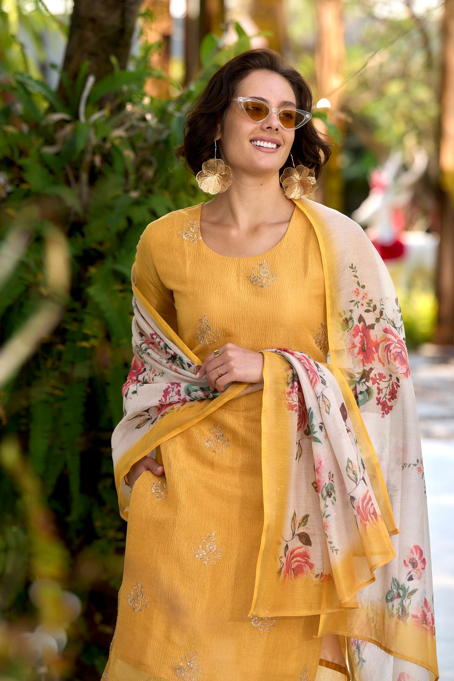 Yellow Tissue Kurta Set with Embroidered Neckline & Coordinated Dupatta