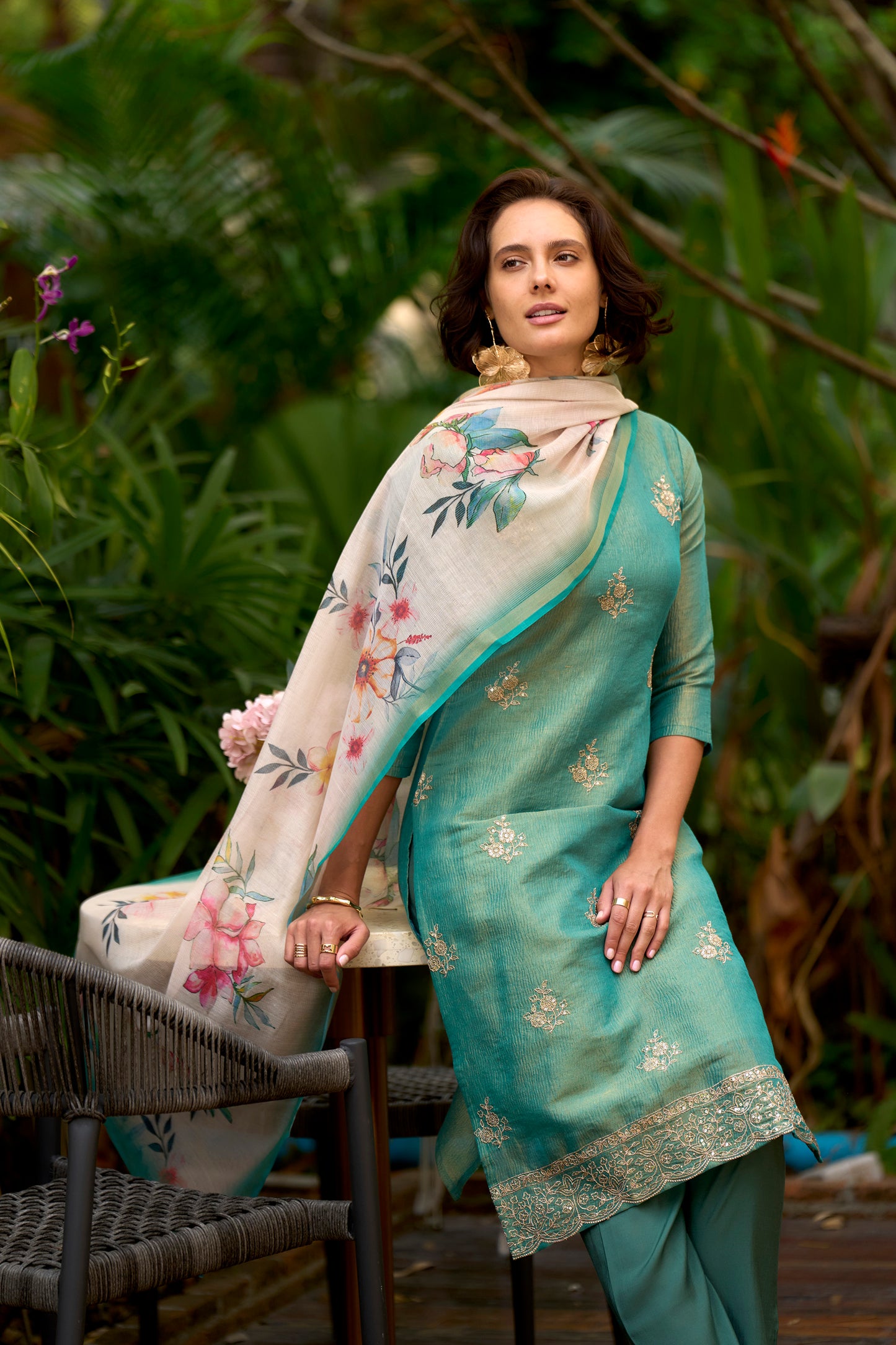 Bottle Green Tissue Kurta Set with Embroidered Neckline & Matching Dupatta
