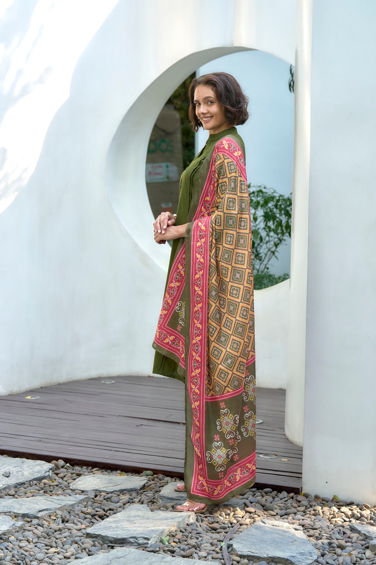 Green Vatican Kurta Set with Embroidered Neckline & Chinnon Dupatta