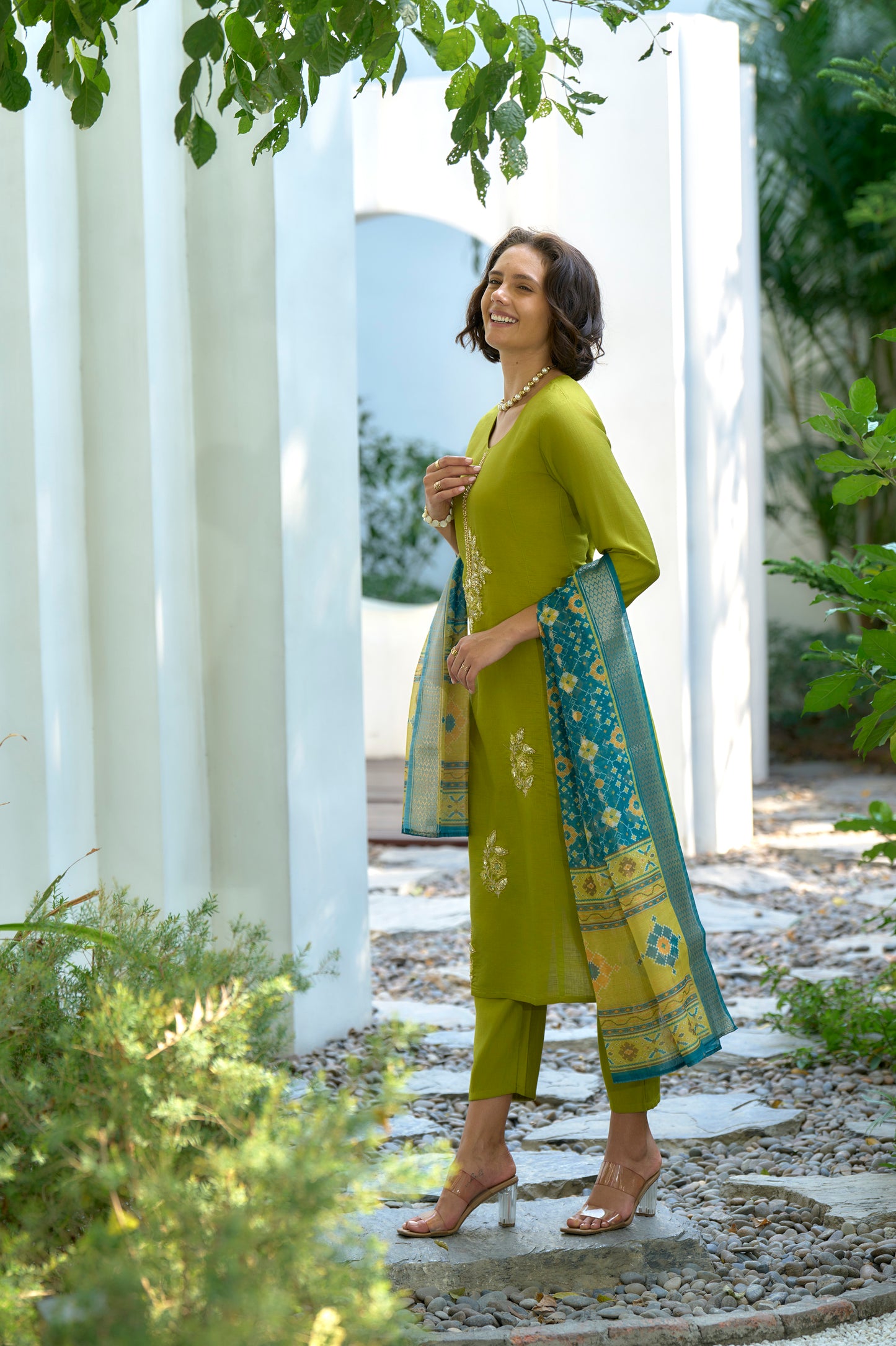 Lime Green Vatican Kurta Set with Embroidered Neckline & Chanderi Butti Dupatta