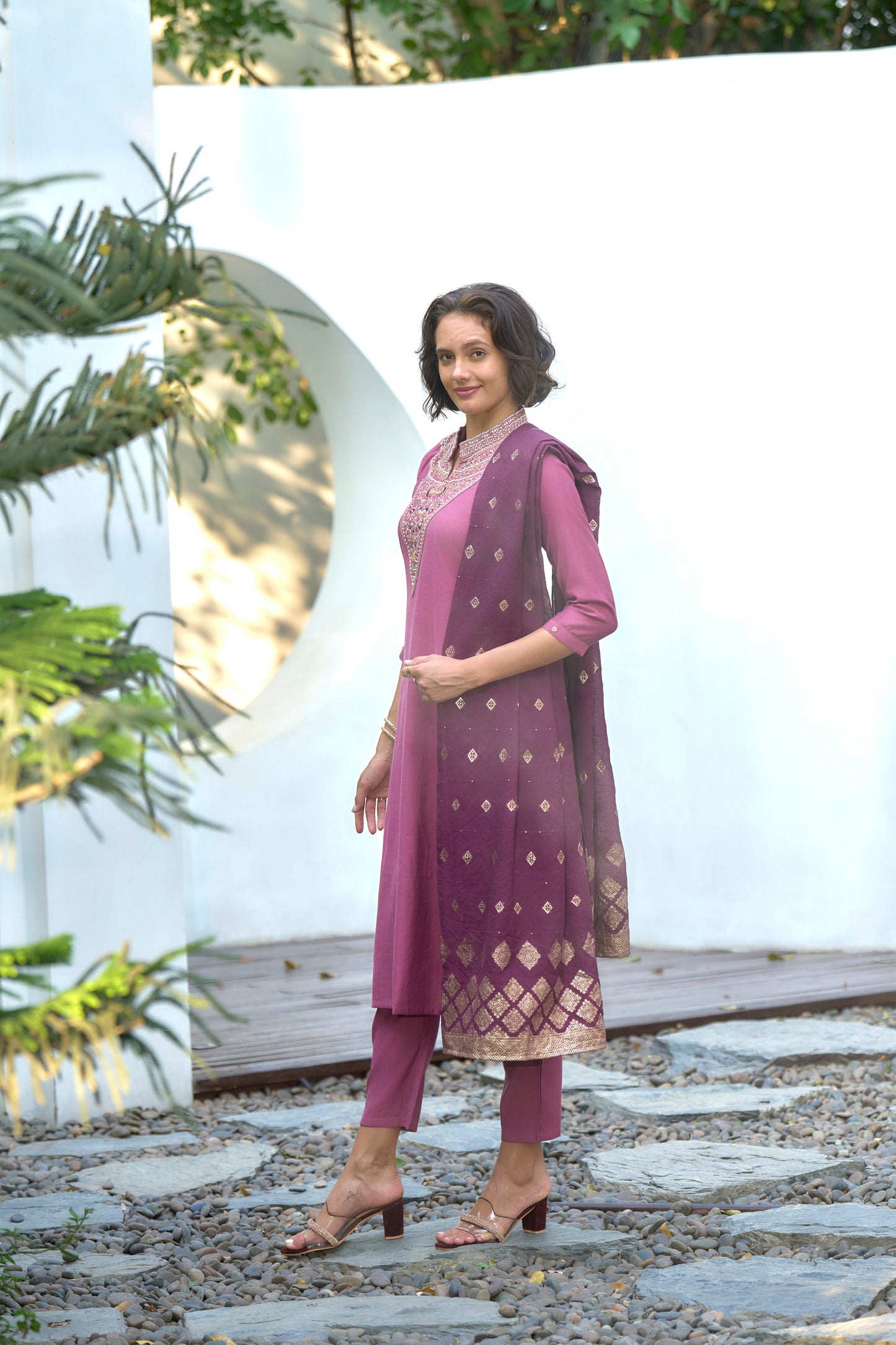 Pink Vatican Kurta Set with Embroidered Neckline & Chanderi Jacquard Dupatta