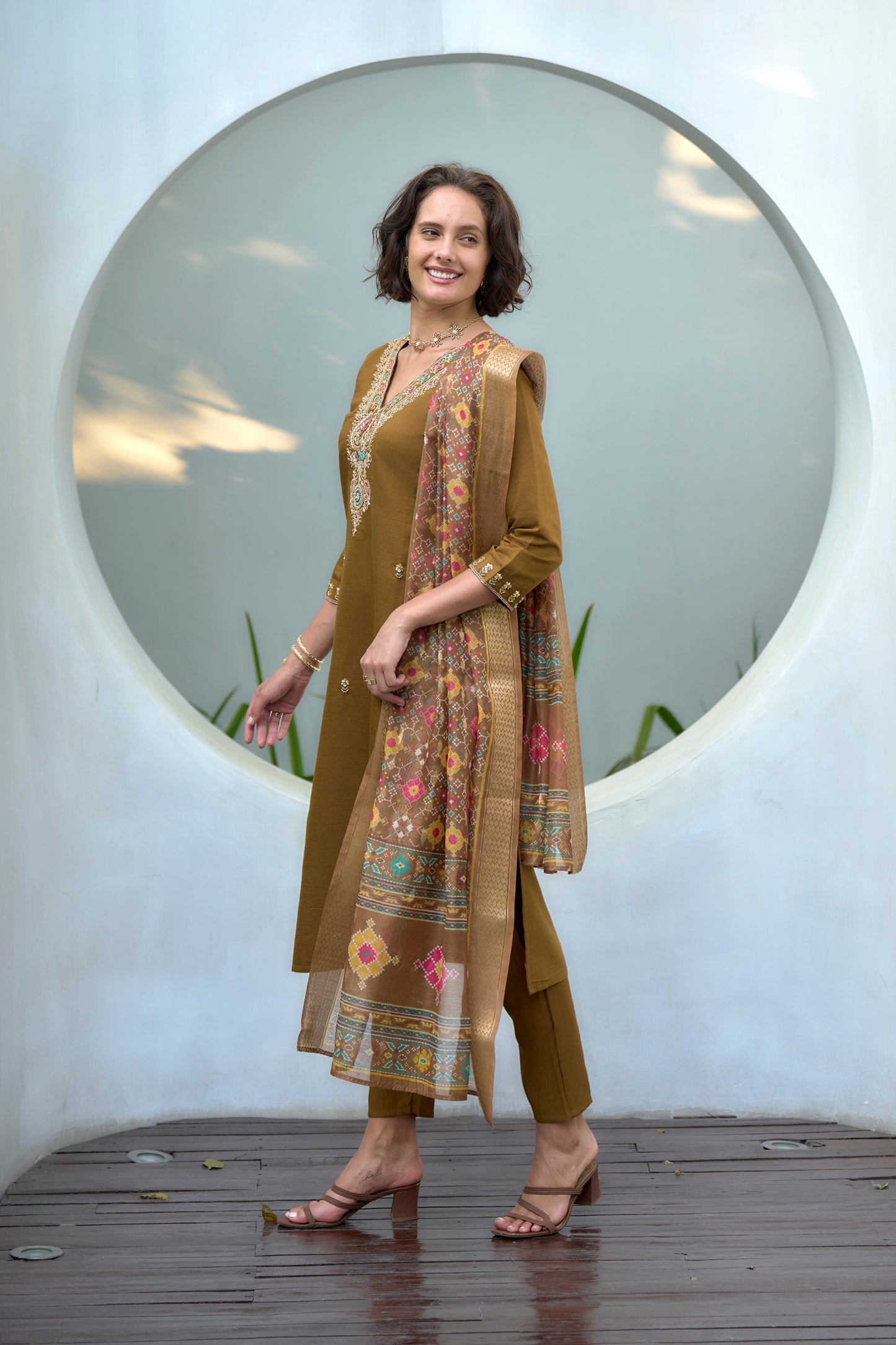 Brown Vatican Kurta Set with Embroidered Neckline & Chanderi Butti Dupatta