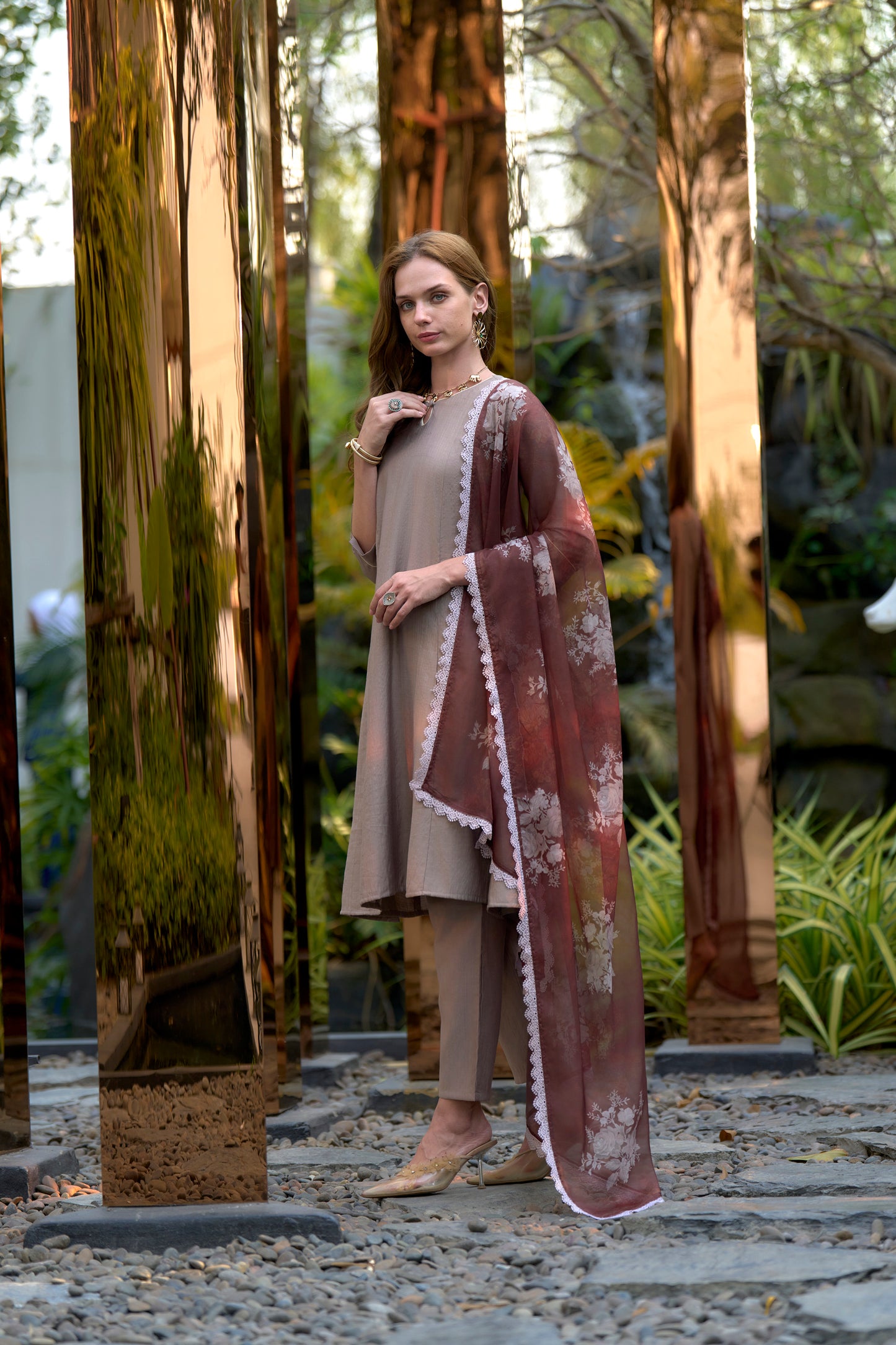 Brown Vatican Kurta Set with Embroidered Neckline and Organza Dupatta