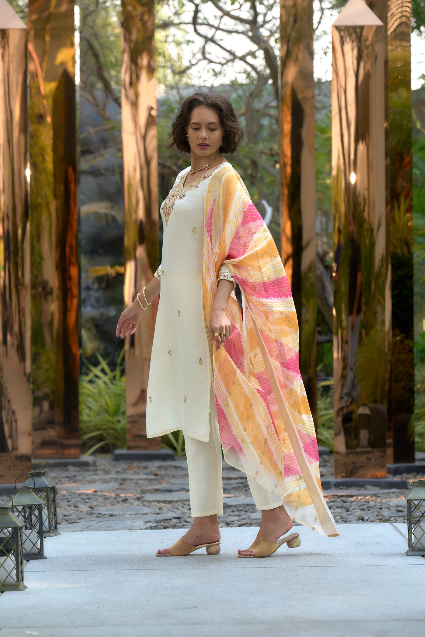 Cream Vatican Kurta Set with Embroidered Neckline & Chanderi Butti Dupatta