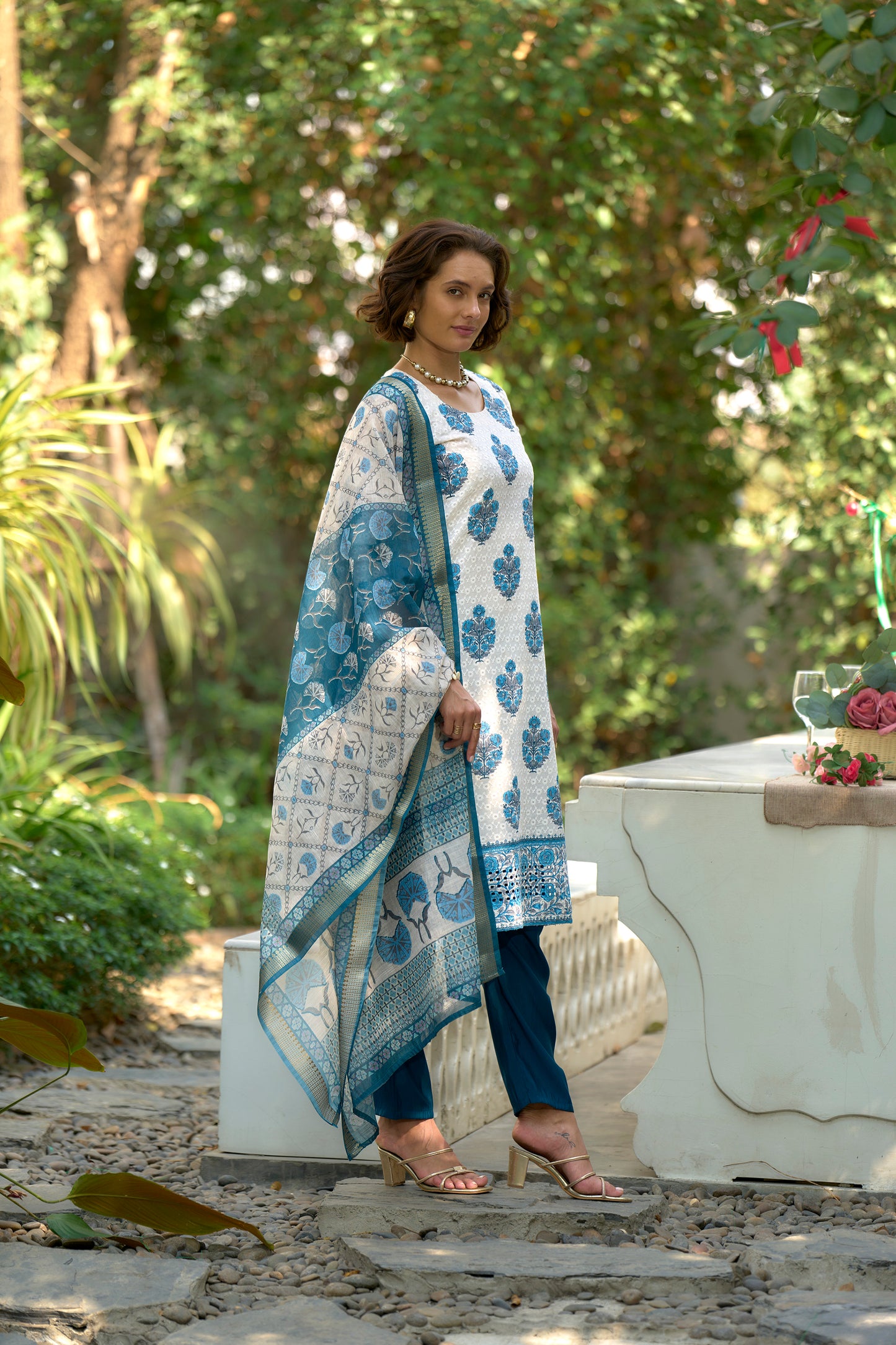 White Cotton Printed Kurta Set with Embroidered Neckline & Linen Dupatta