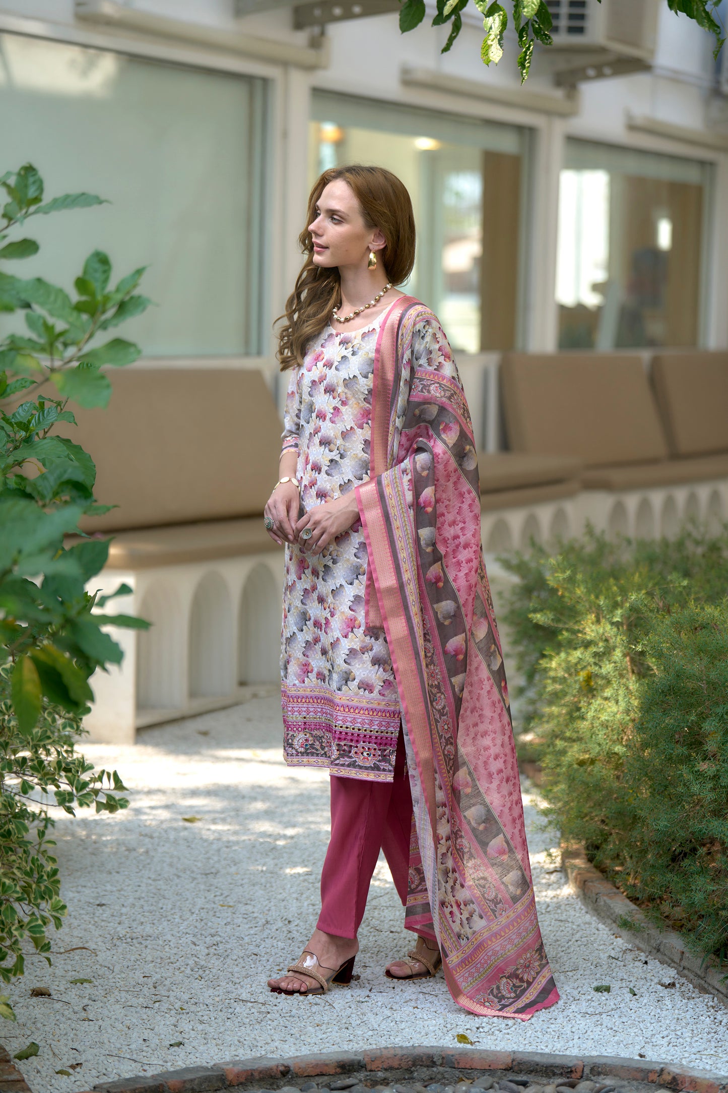 White & Pink Cotton Printed Kurta Set with Embroidered Neckline & Linen Dupatta