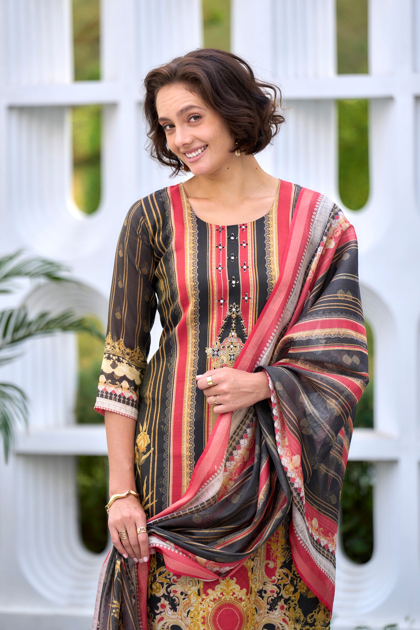 Elegant Black Silk Blend Kurta Set with Embroidered Neckline & Dupatta