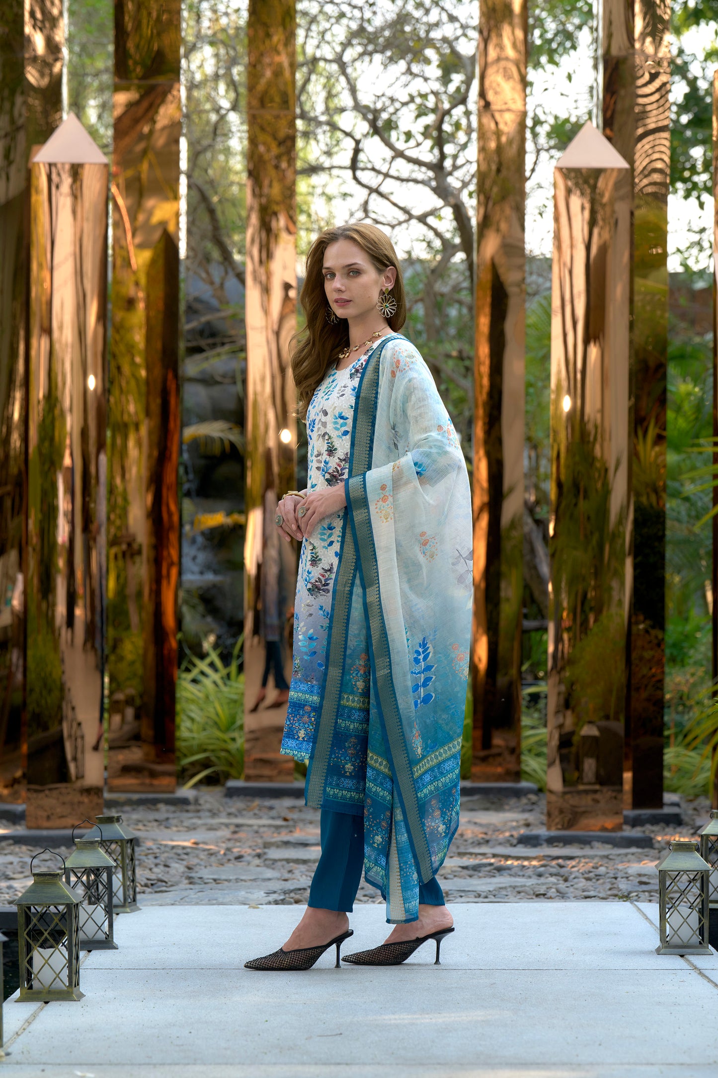 White & Blue Printed Cotton Kurta Set with Embroidered Neckline and Linen Dupatta