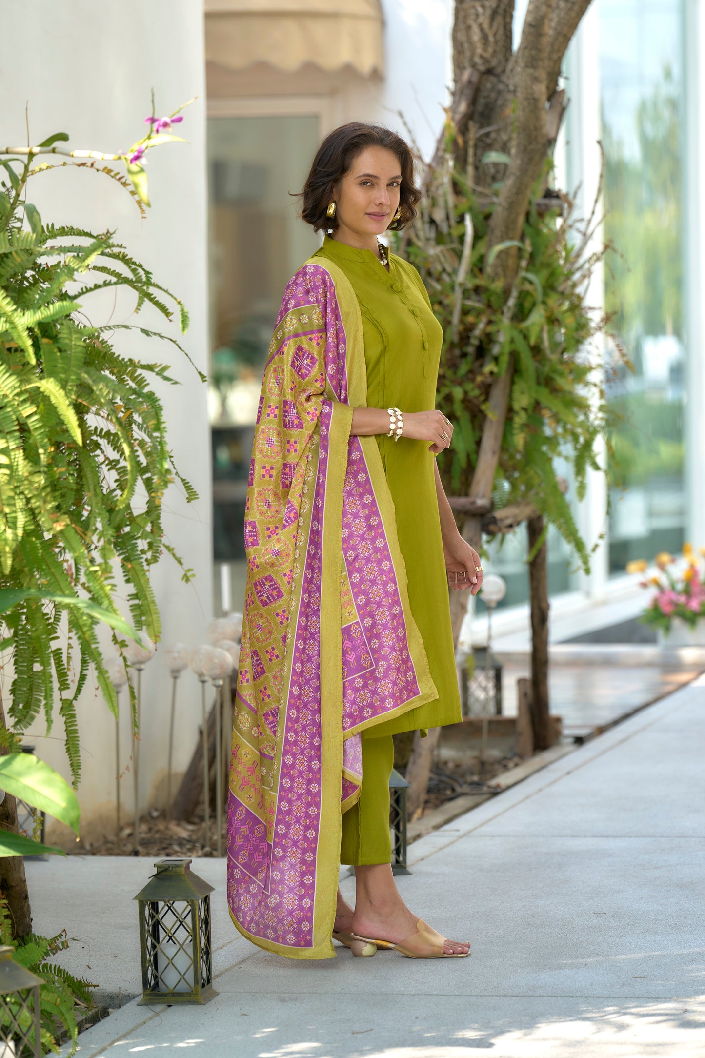 Mehendi Green Vatican Kurta Set with Embroidered Neckline and Chinnon Dupatta