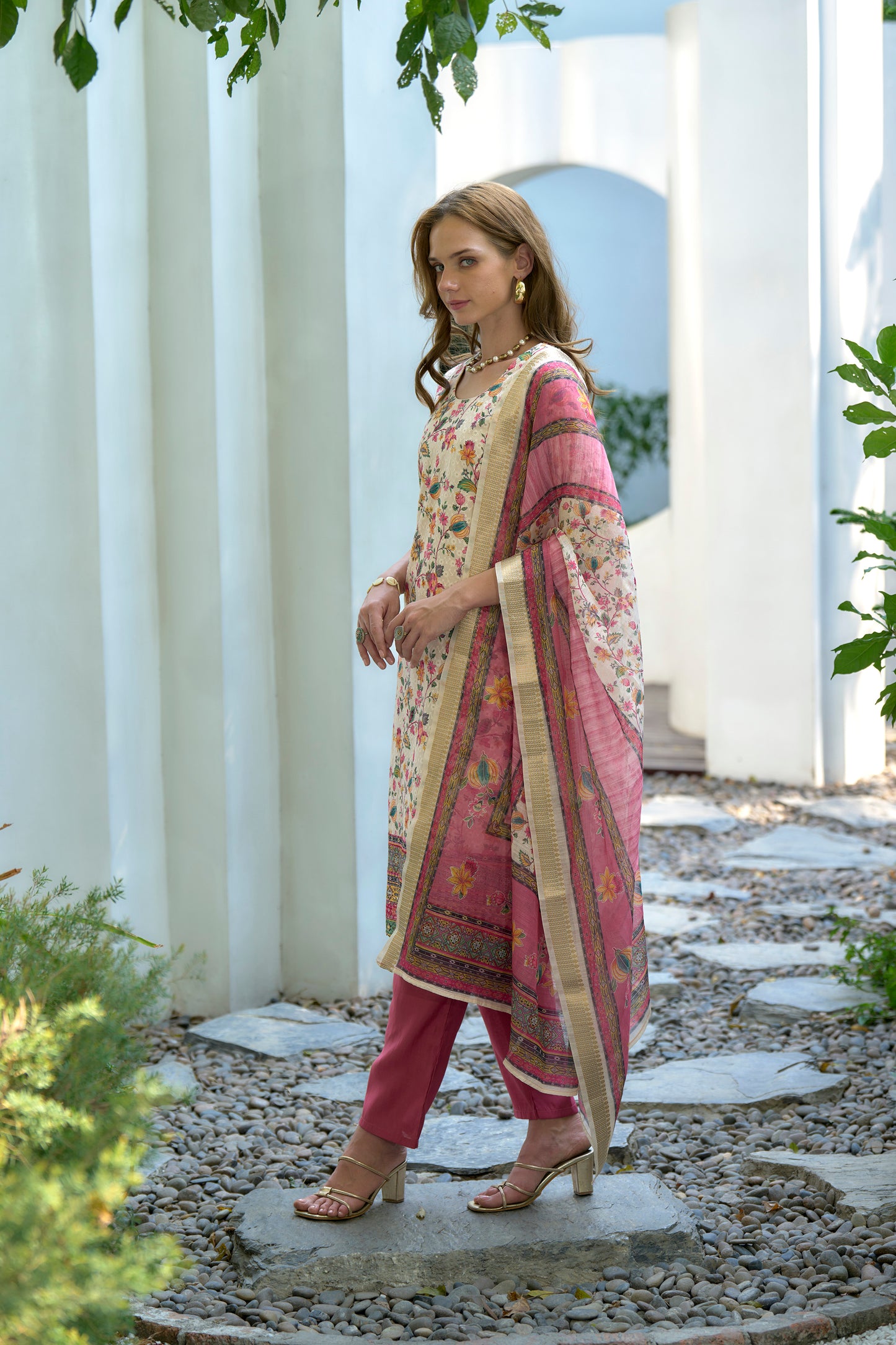 White & Pink Printed Cotton Kurta Set with Embroidered Neckline and Linen Dupatta