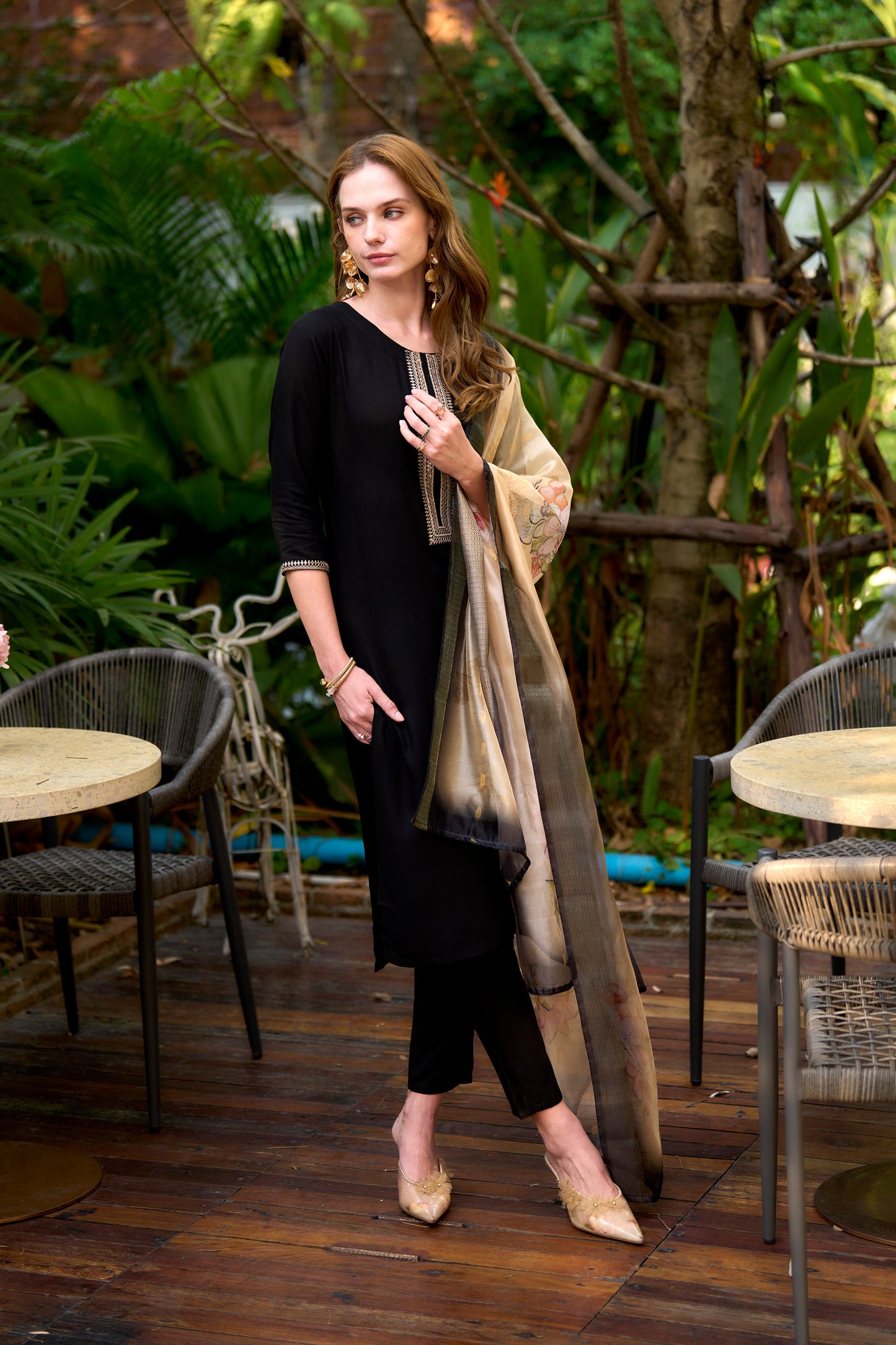 Black Embroidered Viscose-Rayon Kurta Set with Printed Organza Dupatta