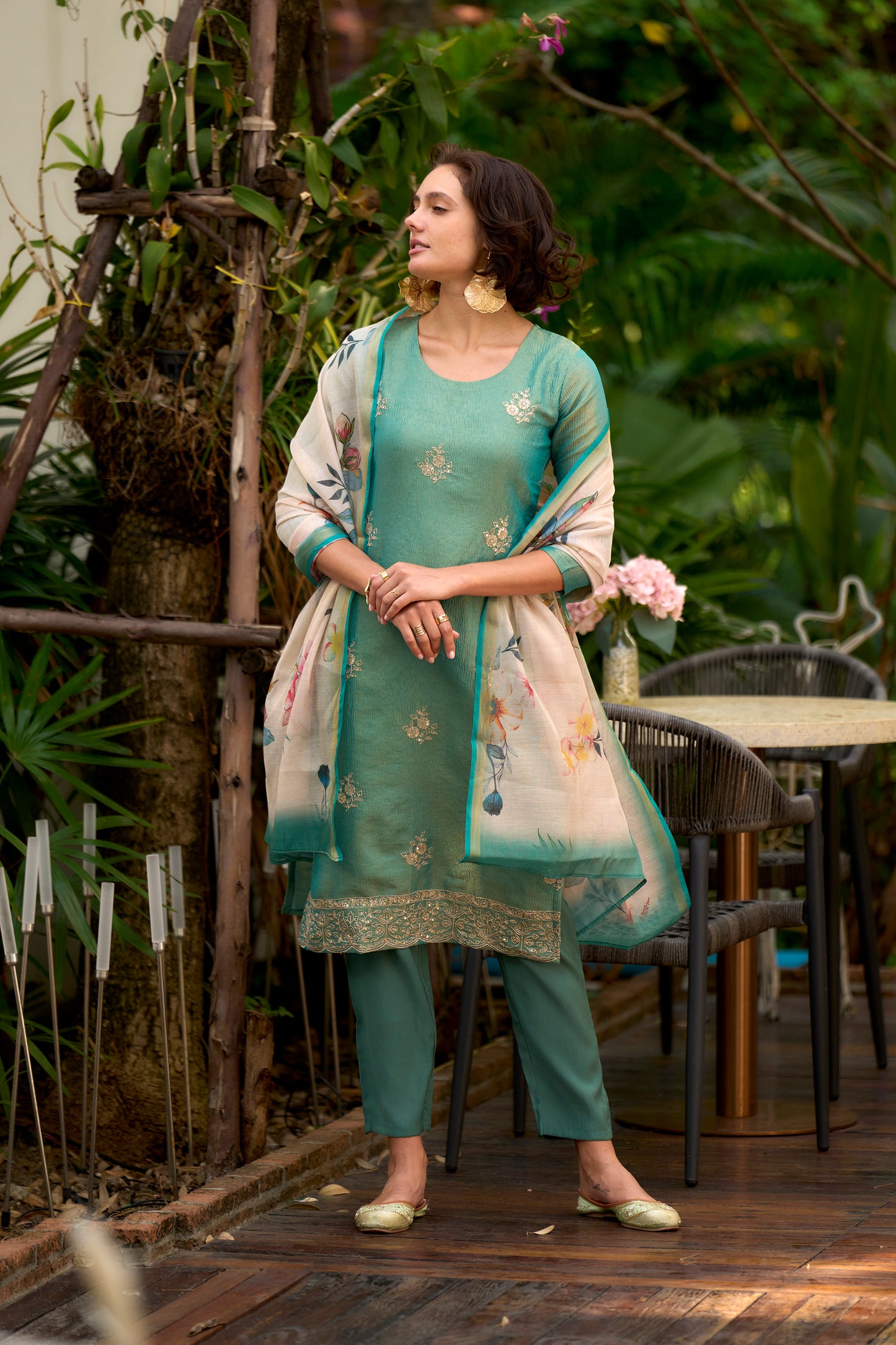 Bottle Green Tissue Kurta Set with Embroidered Neckline & Matching Dupatta
