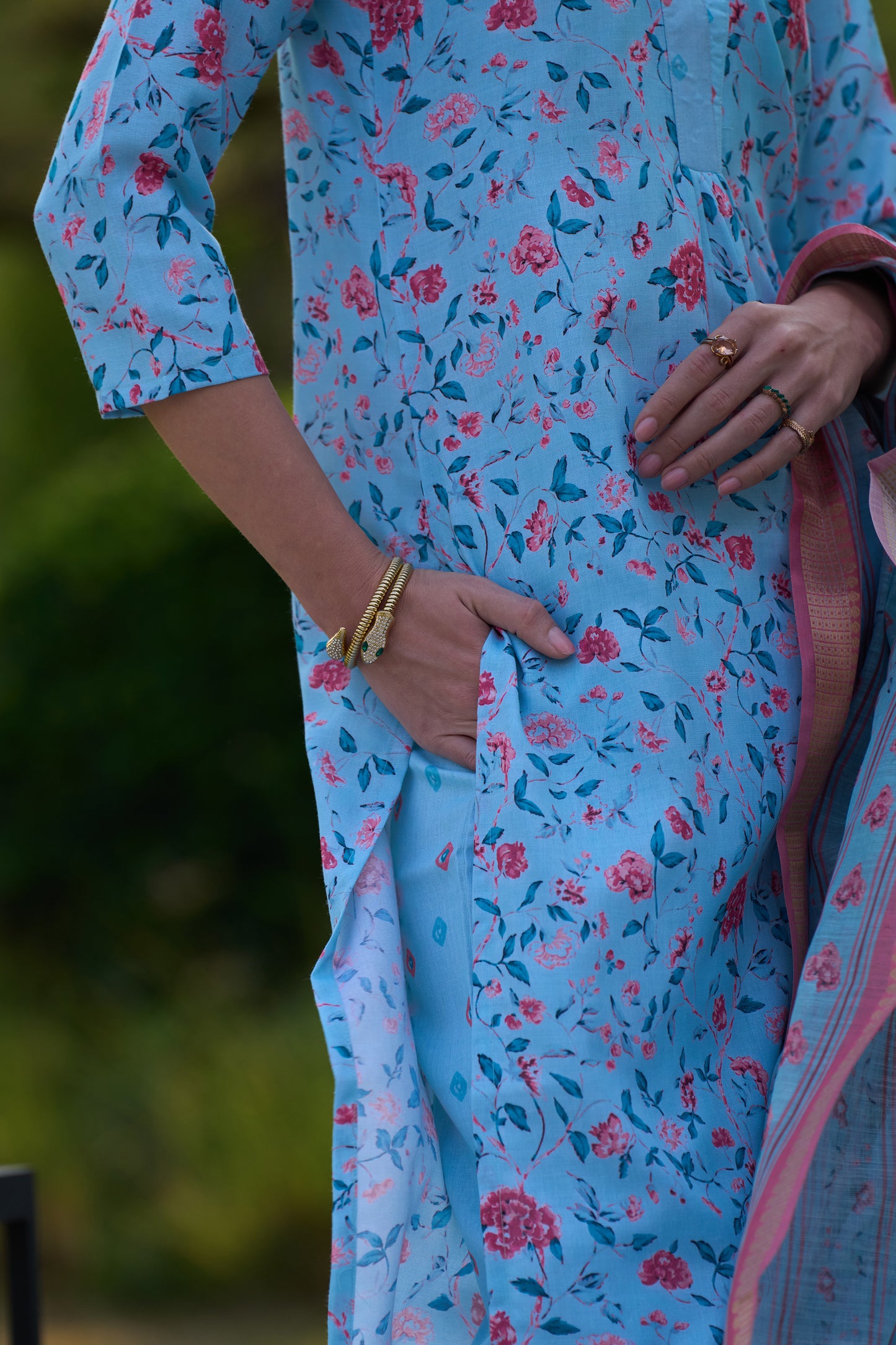 Sky Blue Vatican Floral Printed Kurta Set with Linen Dupatta
