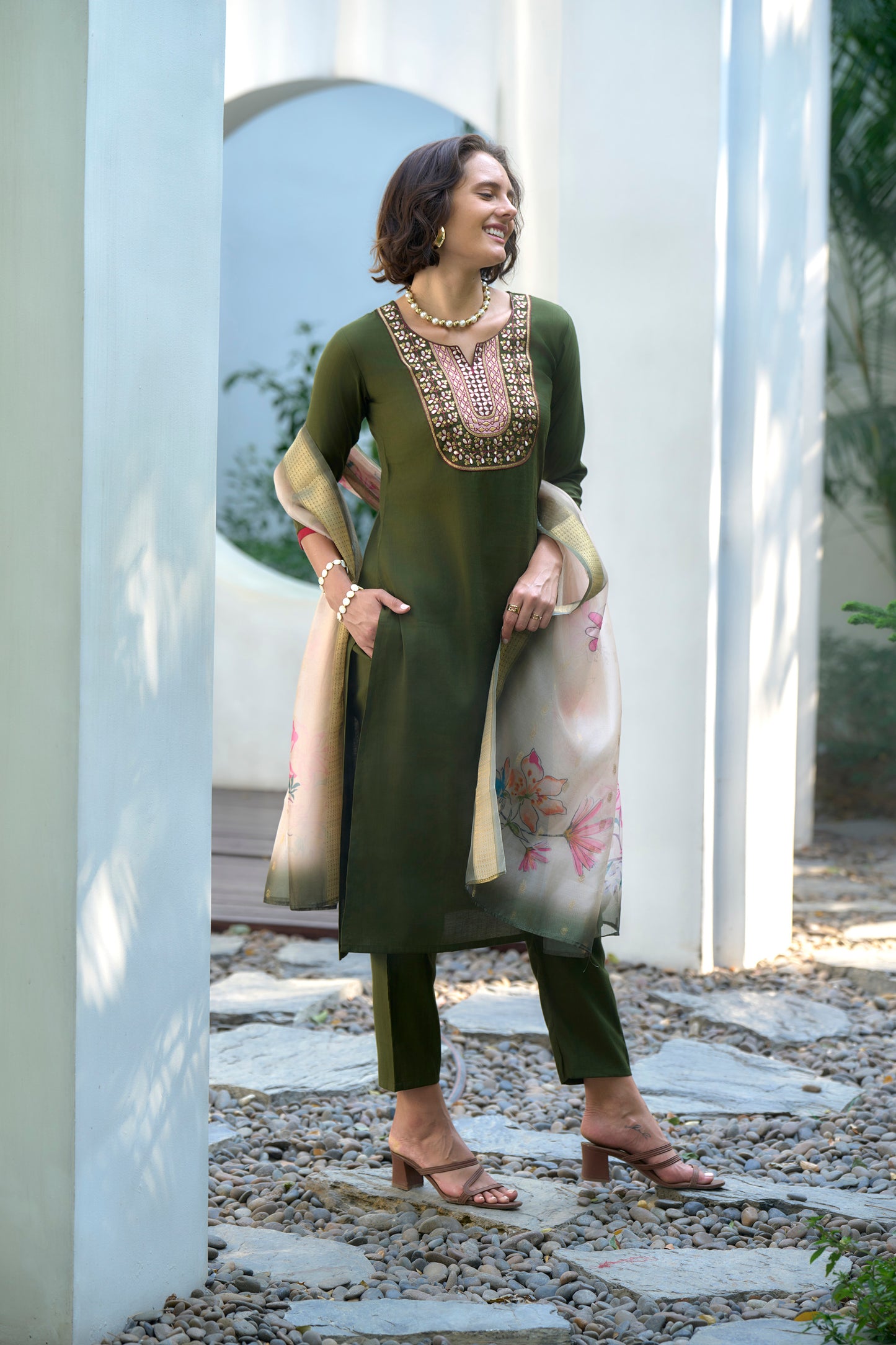 Mehendi Green Vatican Kurta Set with Embroidered Neckline & Organza Butti Dupatta
