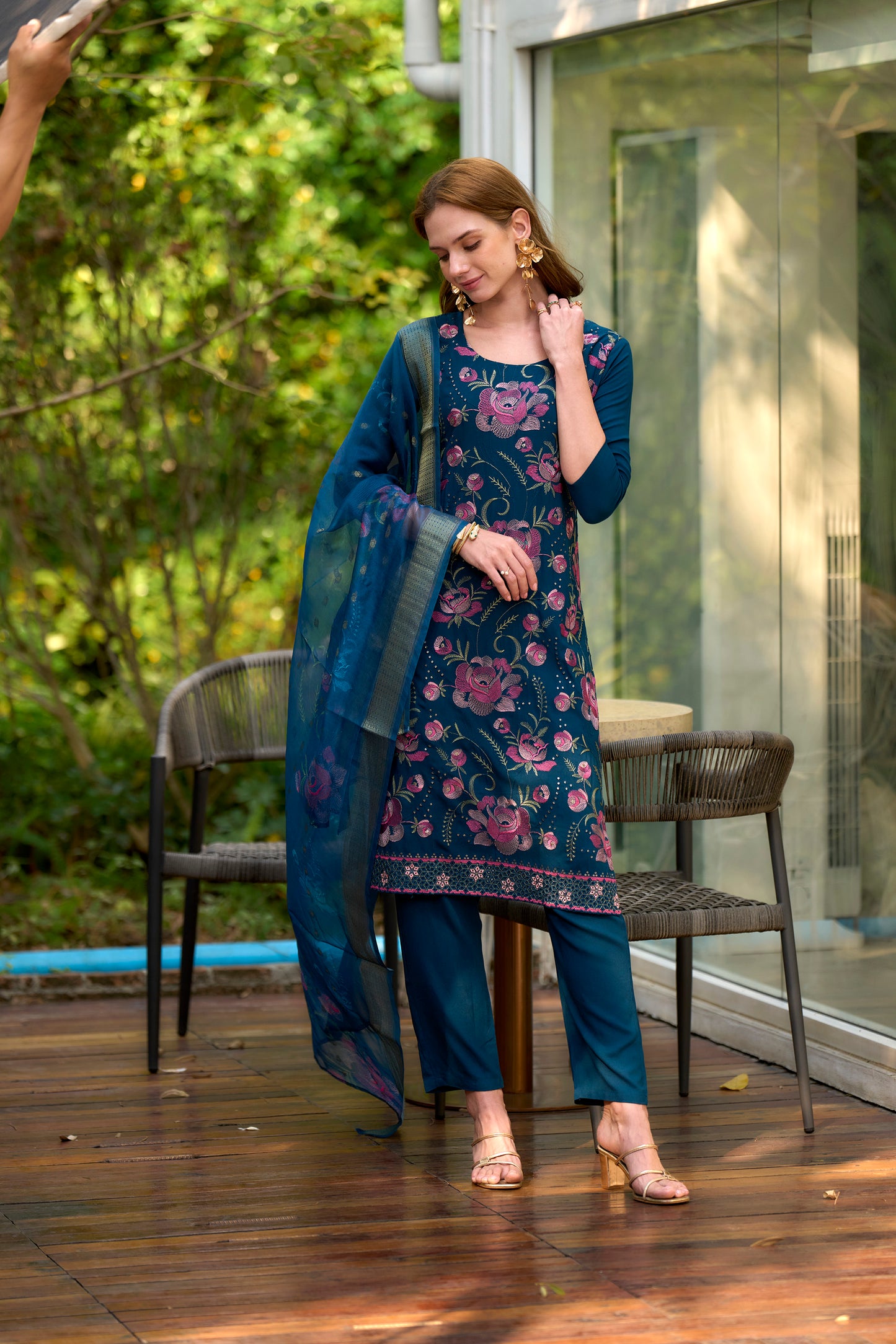 Firozi Blue Rayon Kurta Set with Embroidered Neckline & Organza Butti Dupatta