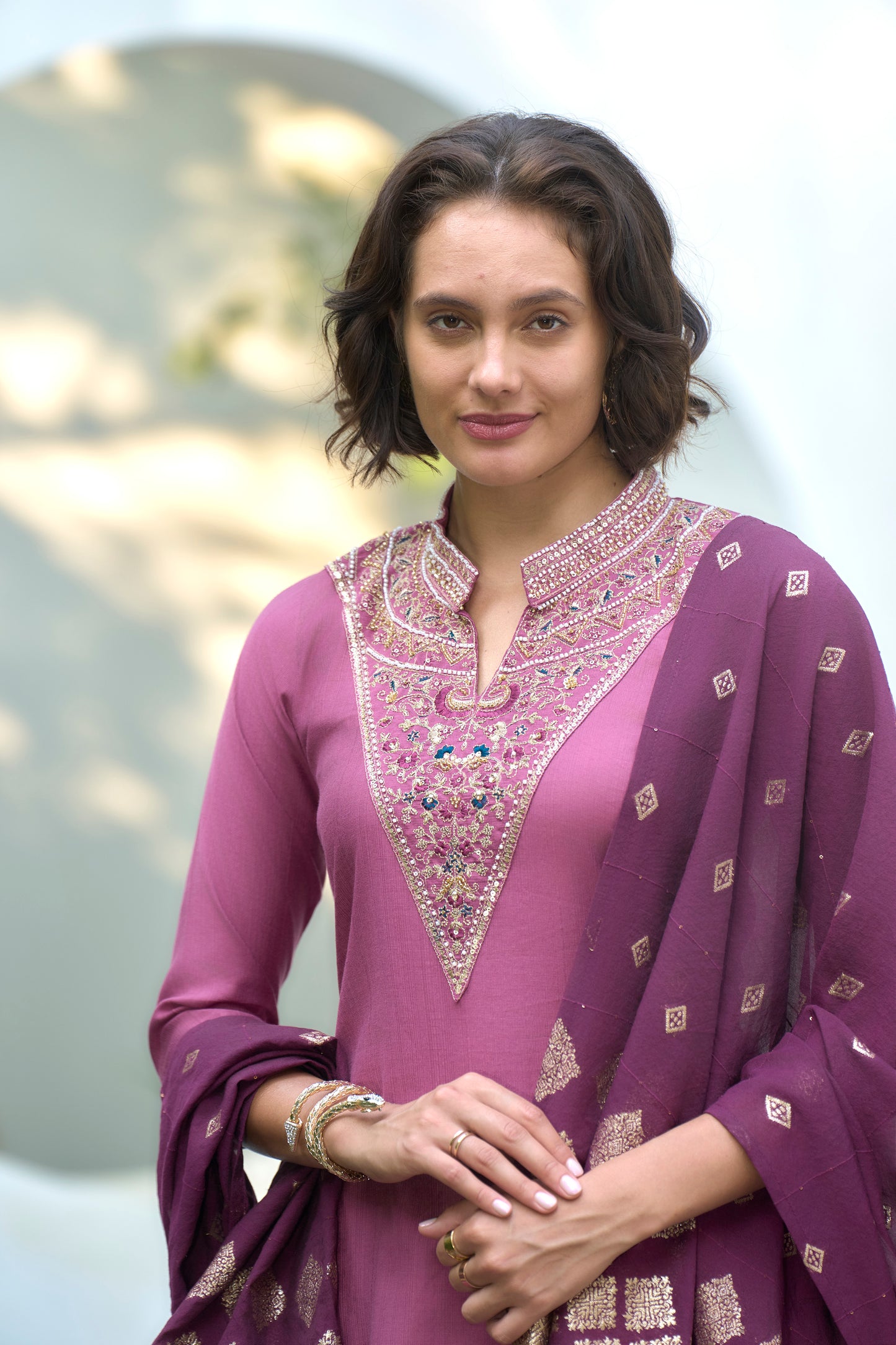 Pink Vatican Kurta Set with Embroidered Neckline & Chanderi Jacquard Dupatta