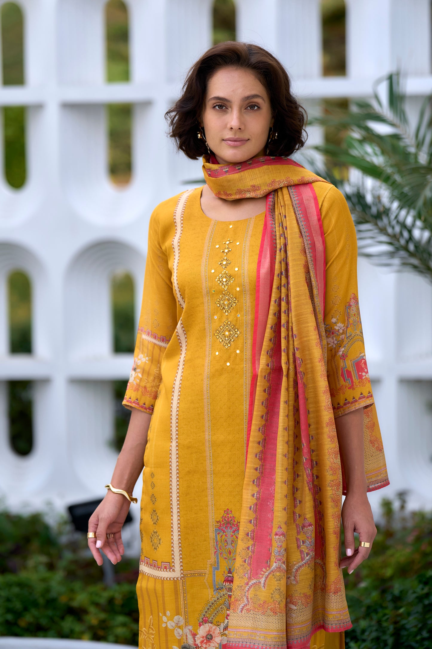 Vibrant Yellow Silk Blend Kurta Set with Embroidered Neckline & Dupatta