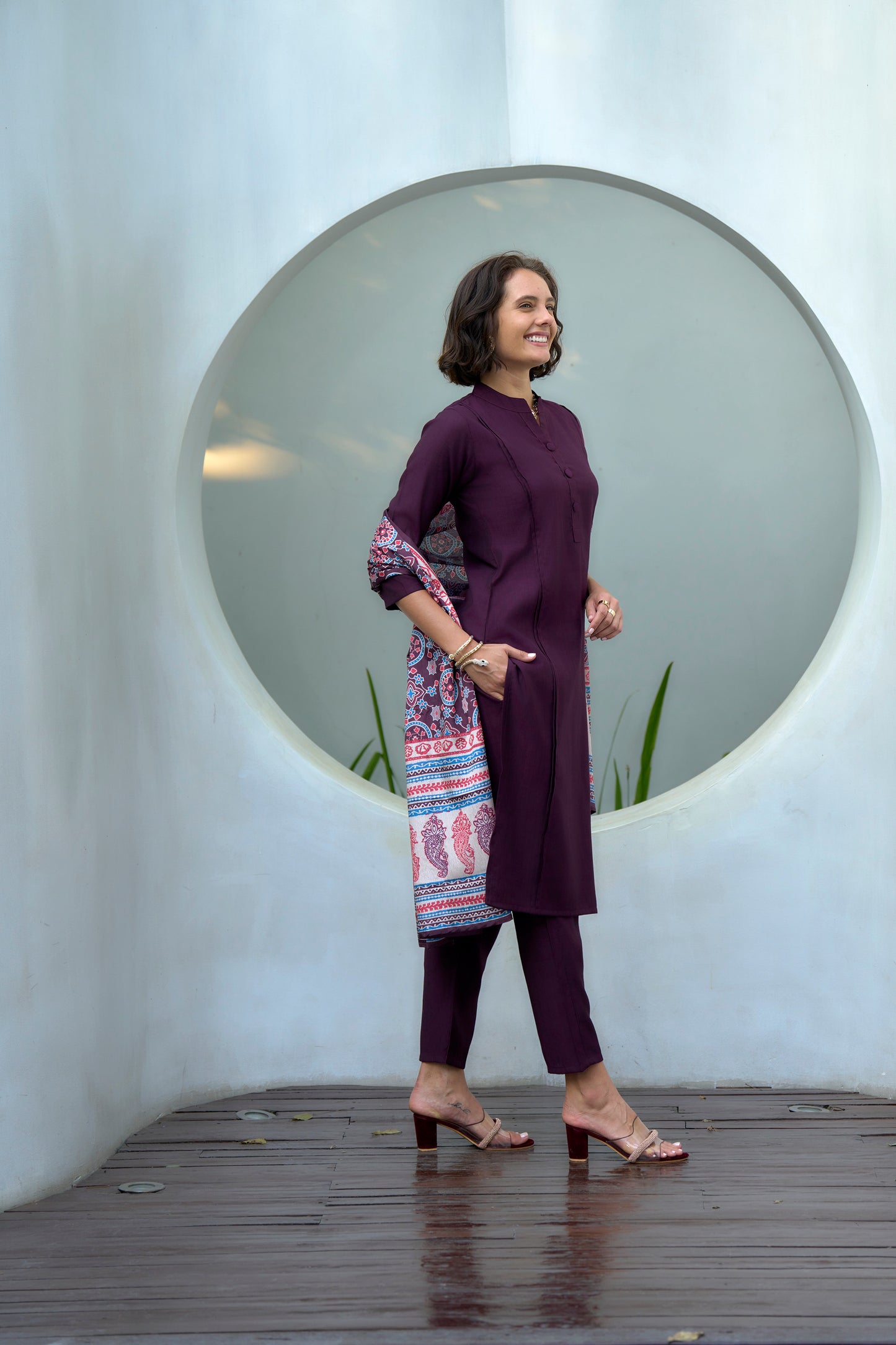 Wine Vatican Kurta Set with Embroidered Neckline and Chinnon Dupatta
