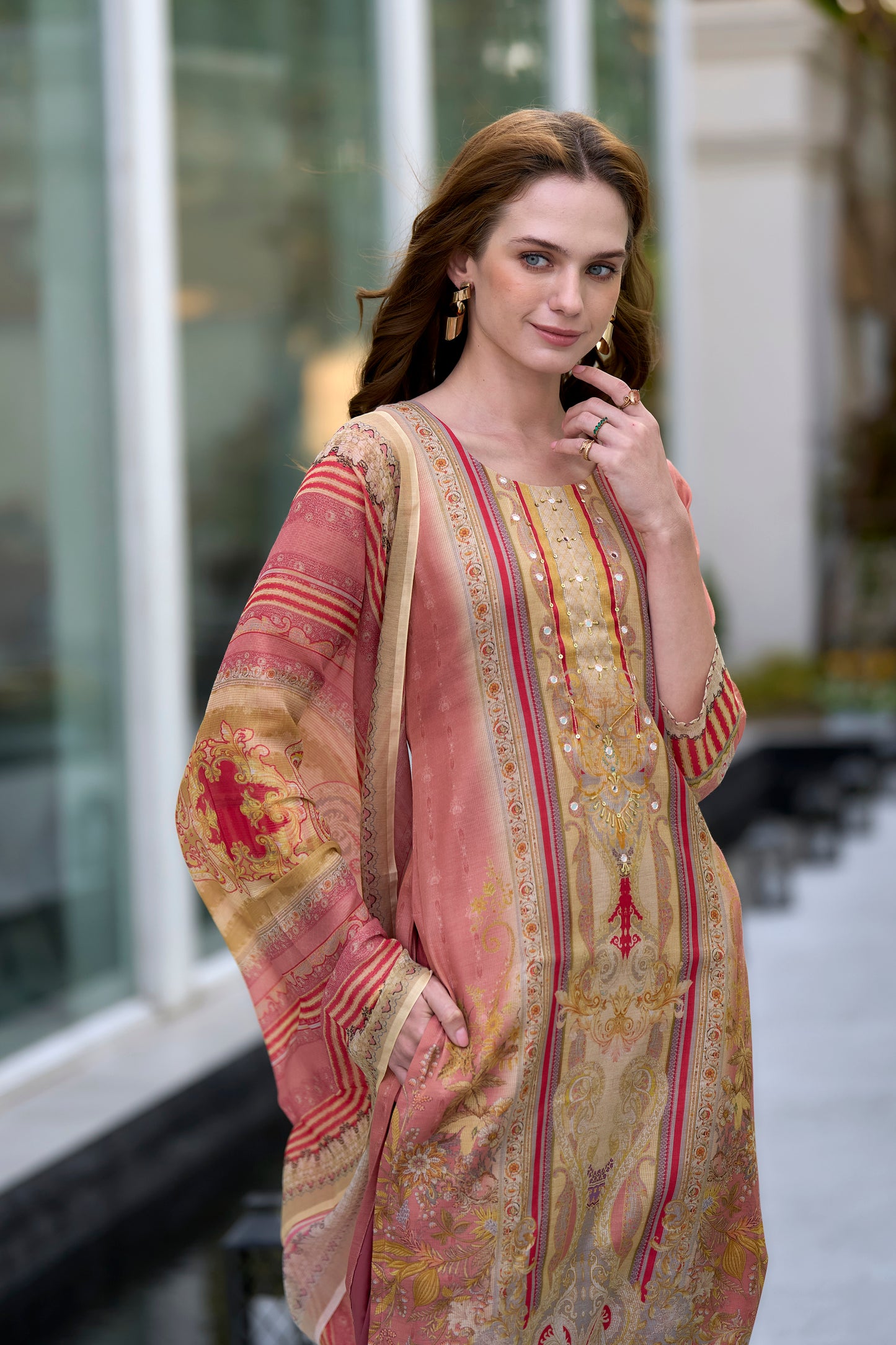Elegant Peach Silk Blend Kurta Set with Embroidered Neckline & Dupatta