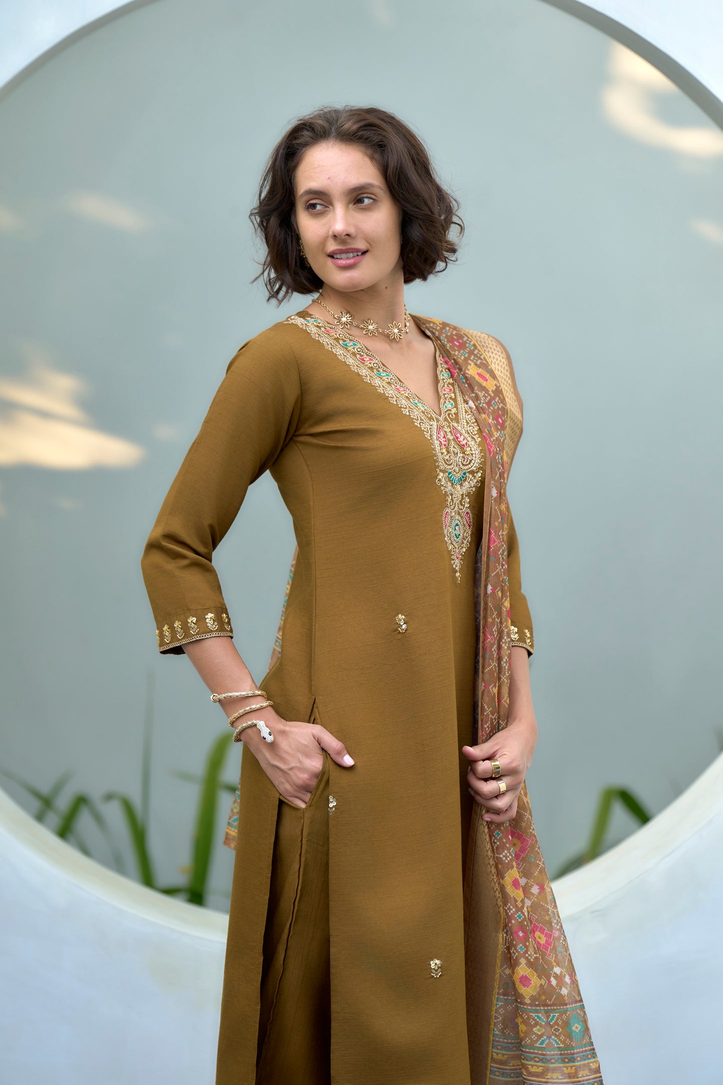 Brown Vatican Kurta Set with Embroidered Neckline & Chanderi Butti Dupatta