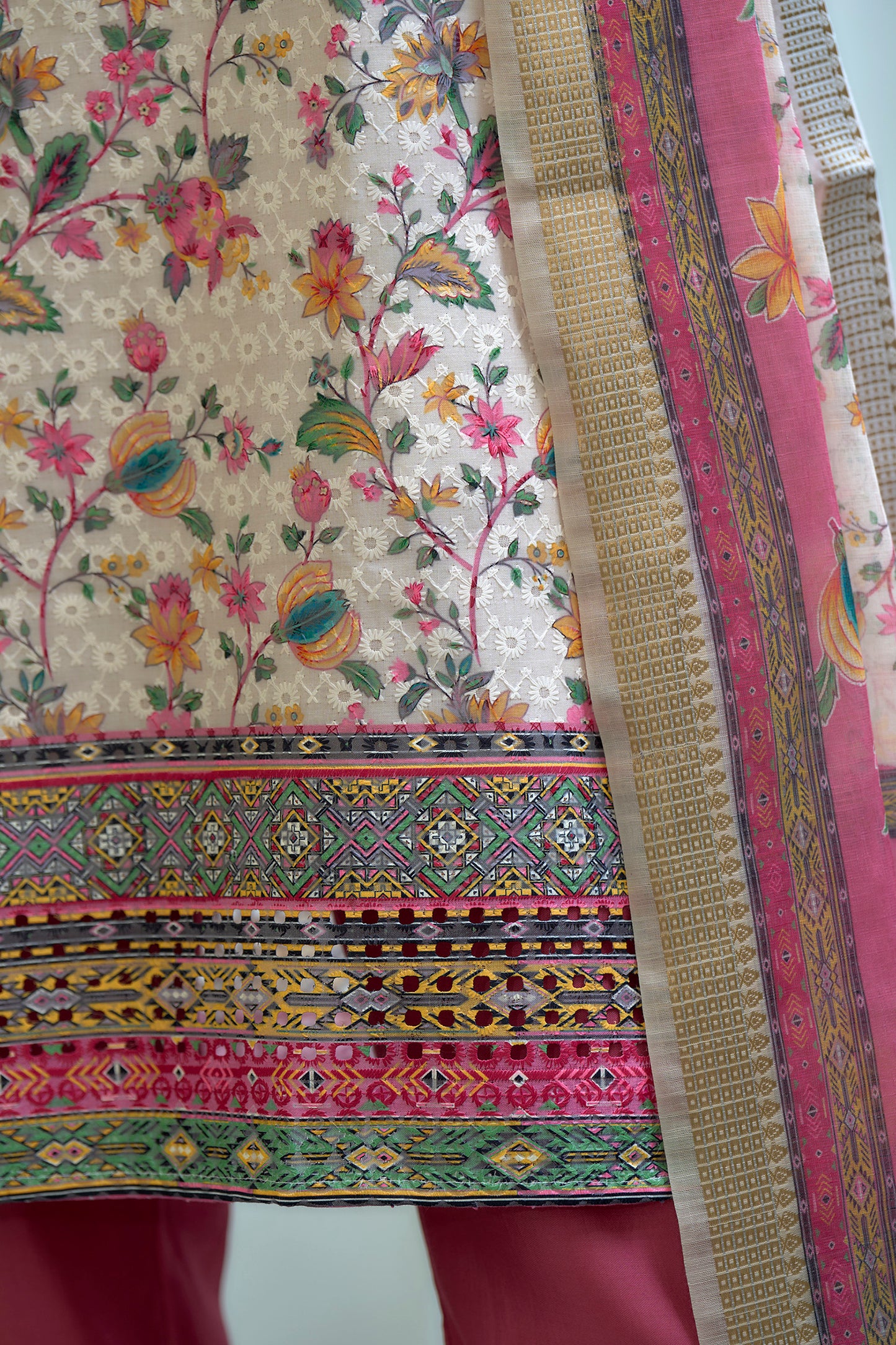 White & Pink Printed Cotton Kurta Set with Embroidered Neckline and Linen Dupatta