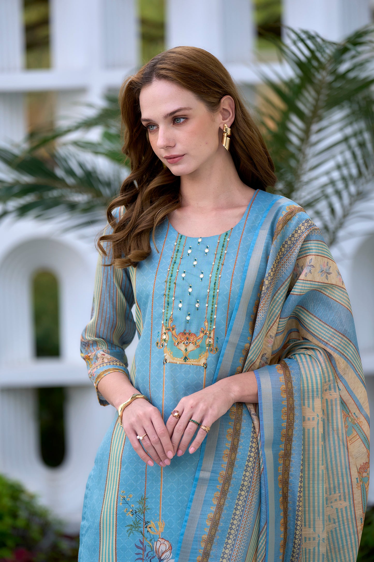 Graceful Sky Blue Silk Blend Kurta Set with Embroidered Neckline & Dupatta