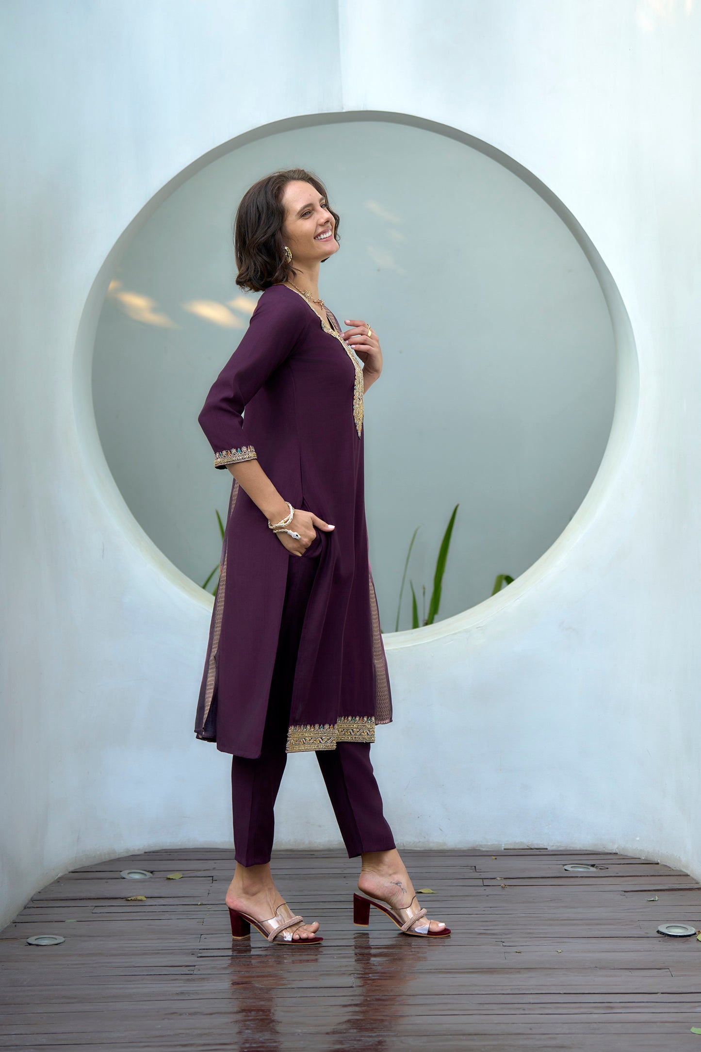 Purple Vatican Kurta Set with Embroidered Neckline & Chanderi Butti Dupatta