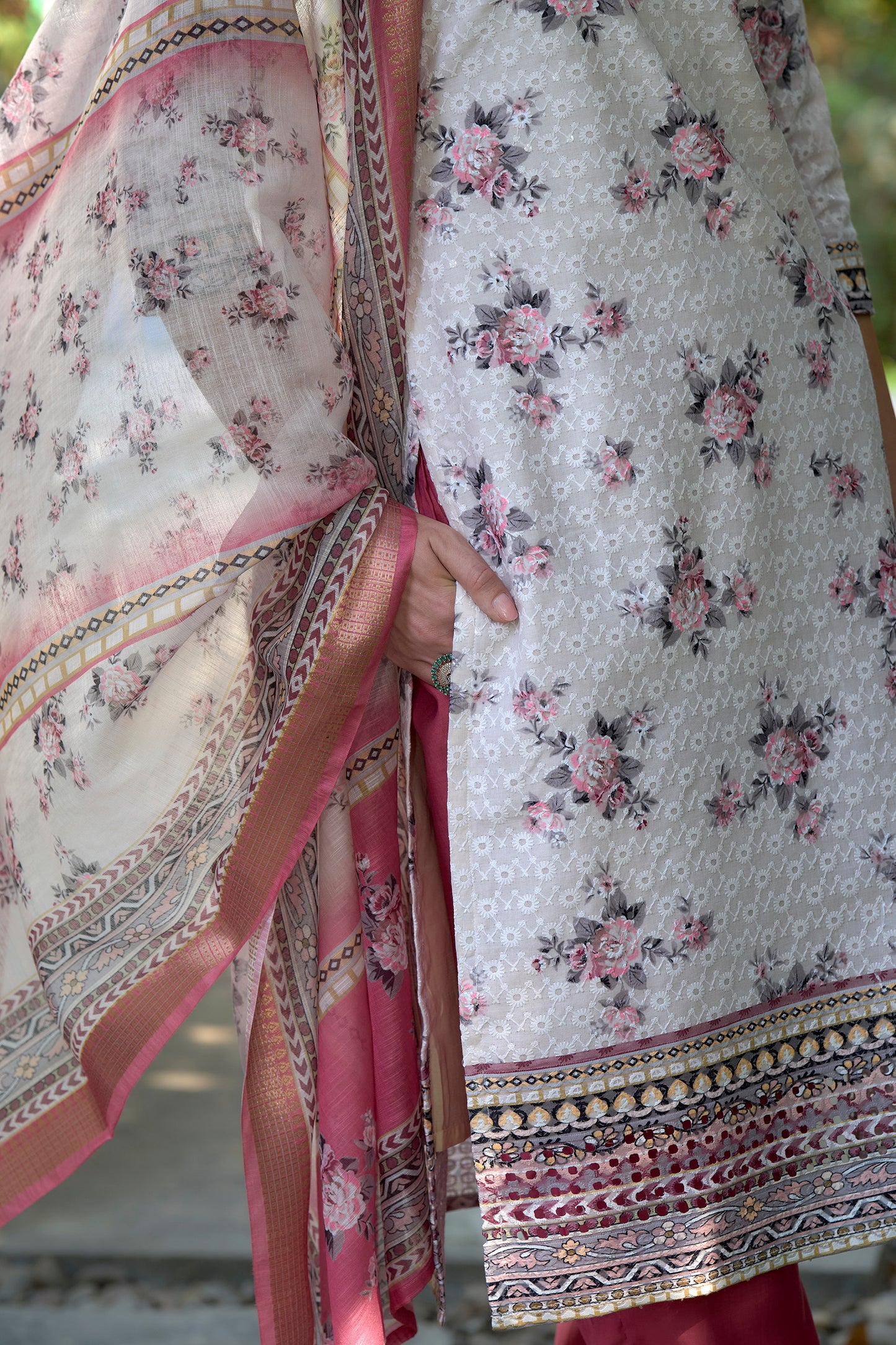 White Cotton Printed Kurta Set with Embroidered Neckline & Linen Dupatta