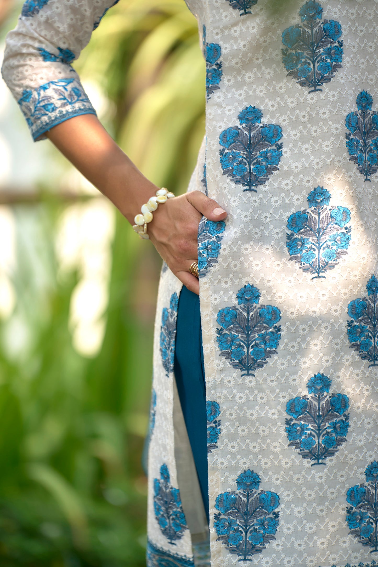 White Cotton Printed Kurta Set with Embroidered Neckline & Linen Dupatta
