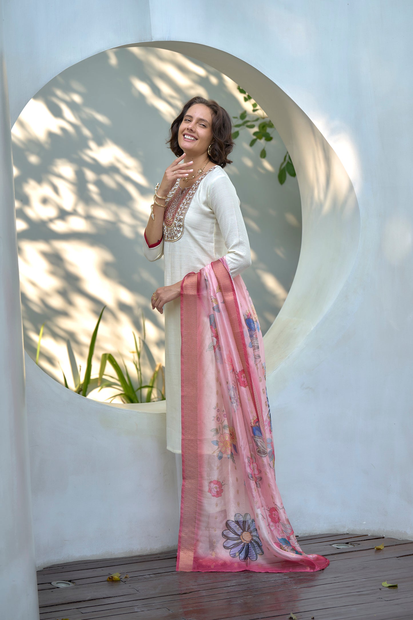 Off-White Vatican Kurta Set with Embroidered Neckline & Organza Butti Dupatta
