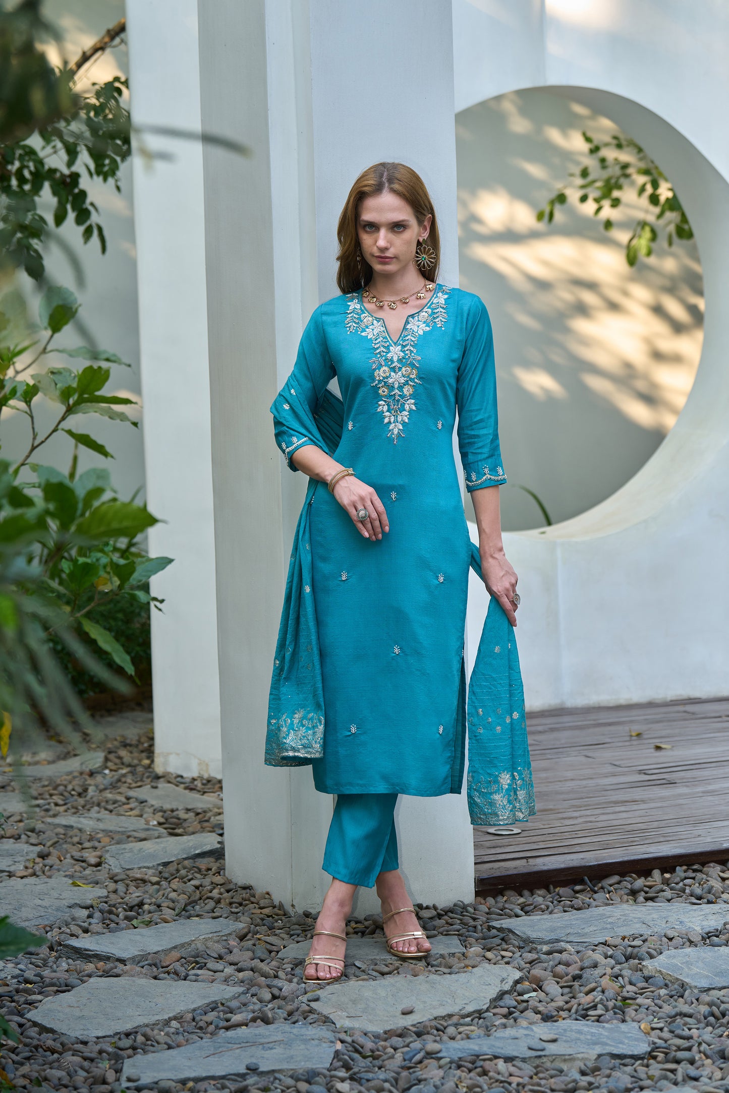 Blue Vatican Kurta Set with Embroidered Neckline & Chanderi Jacquard Dupatta