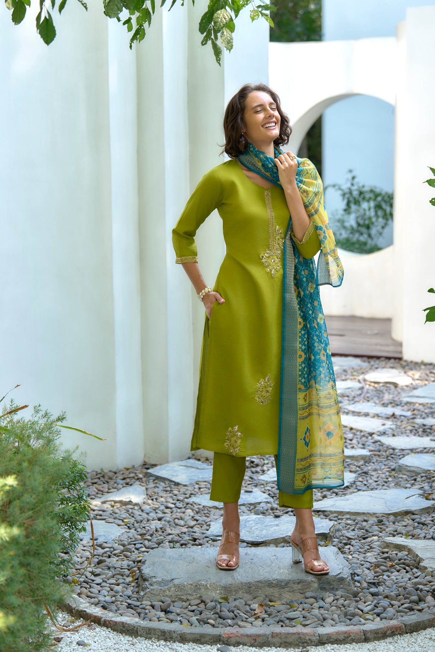 Lime Green Vatican Kurta Set with Embroidered Neckline & Chanderi Butti Dupatta