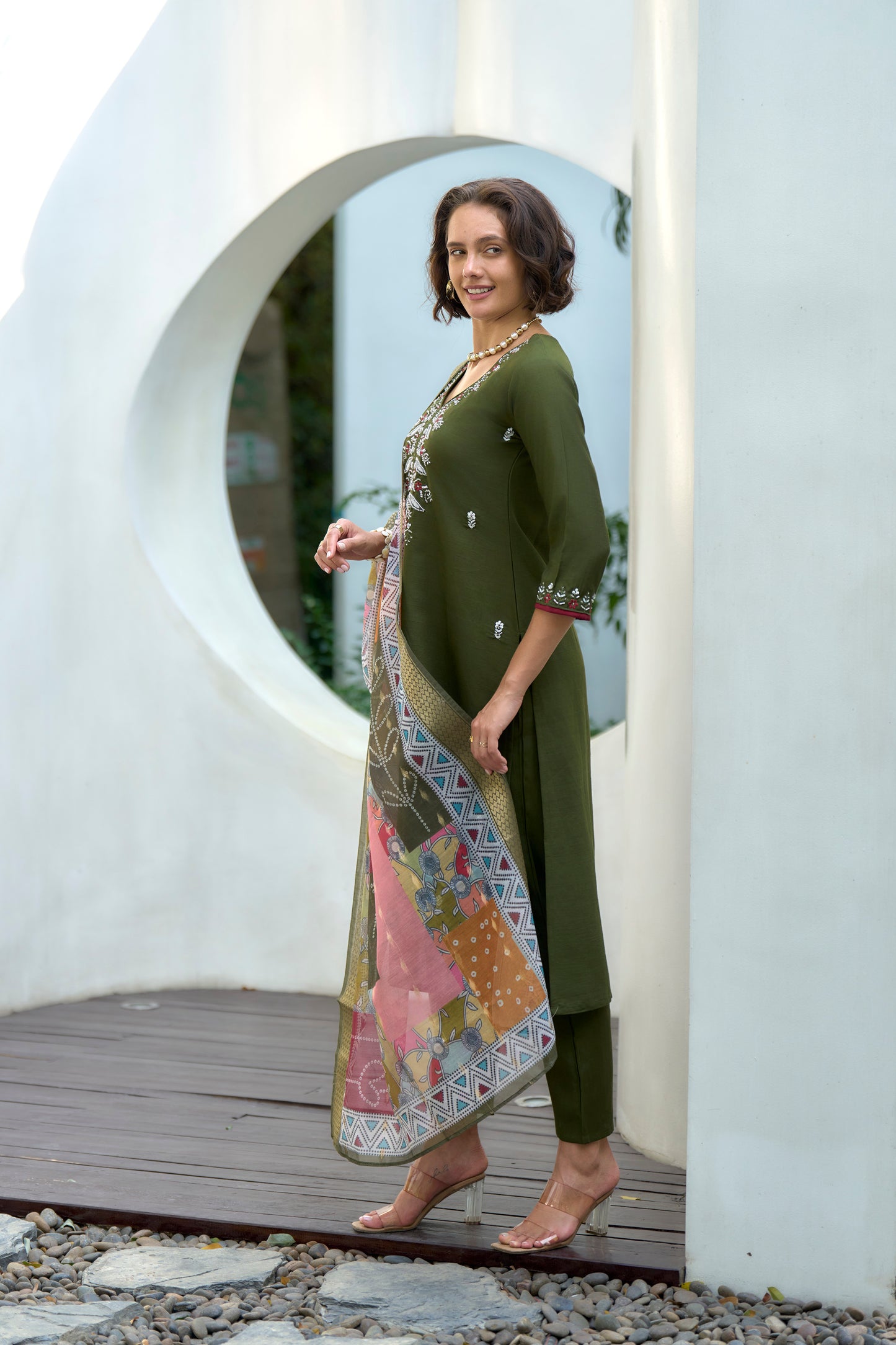 Green Vatican Kurta Set with Embroidered Neckline & Chanderi Butti Dupatta
