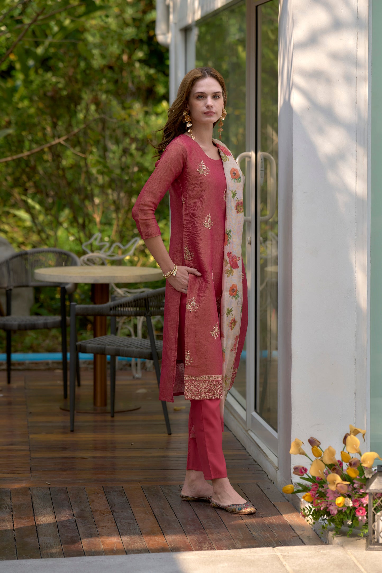 Pink Tissue Kurta Set with Embroidered Neckline & Coordinated Dupatta