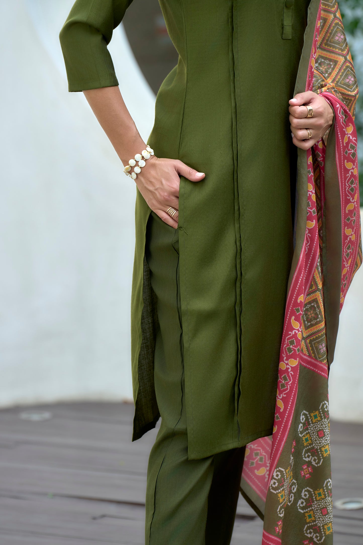 Green Vatican Kurta Set with Embroidered Neckline & Chinnon Dupatta
