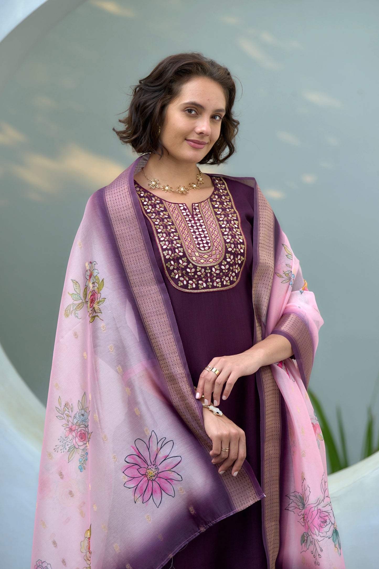 Purple Vatican Kurta Set with Embroidered Neckline & Organza Butti Dupatta