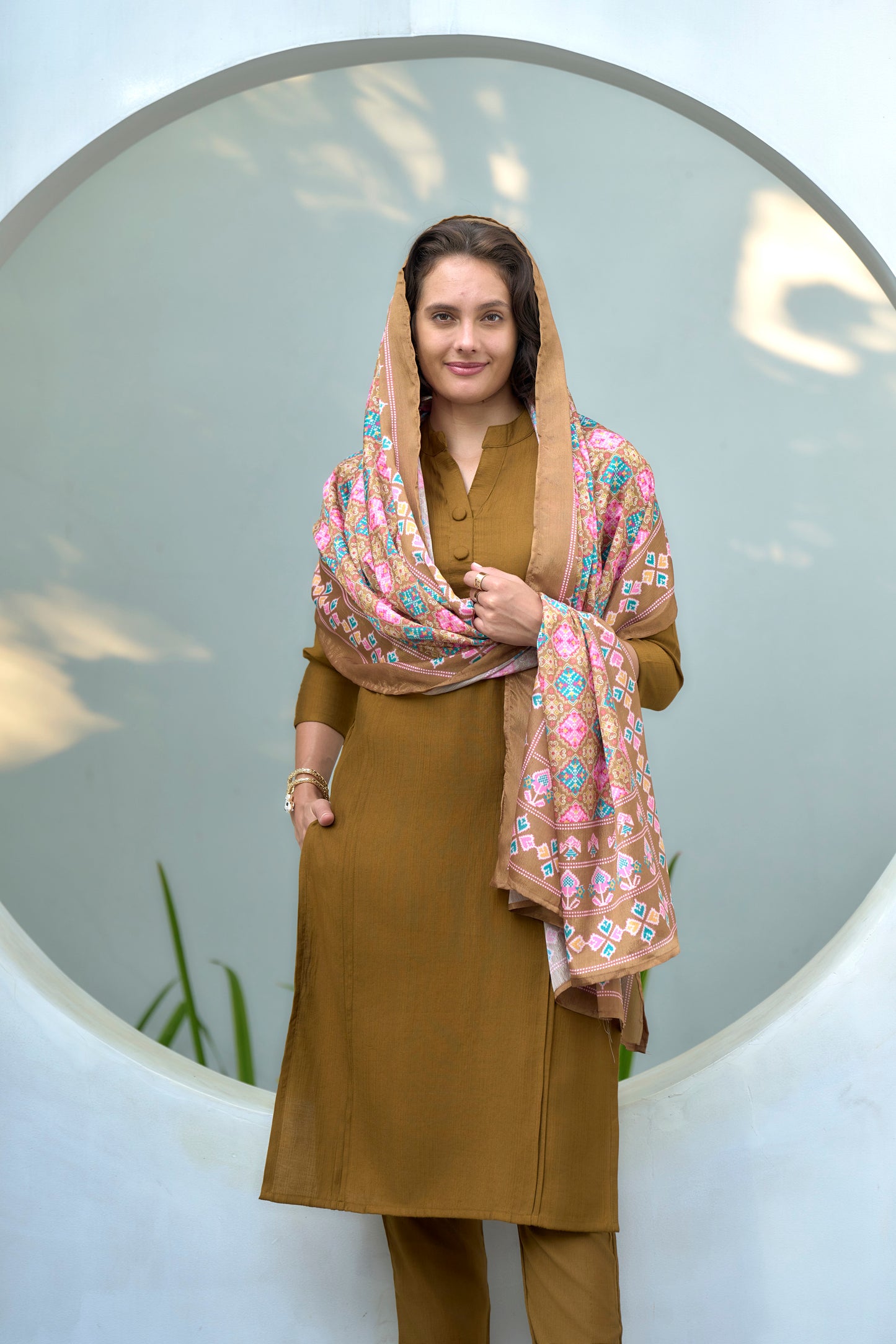Mustard Yellow Vatican Kurta Set with Embroidered Neckline & Chinnon Dupatta