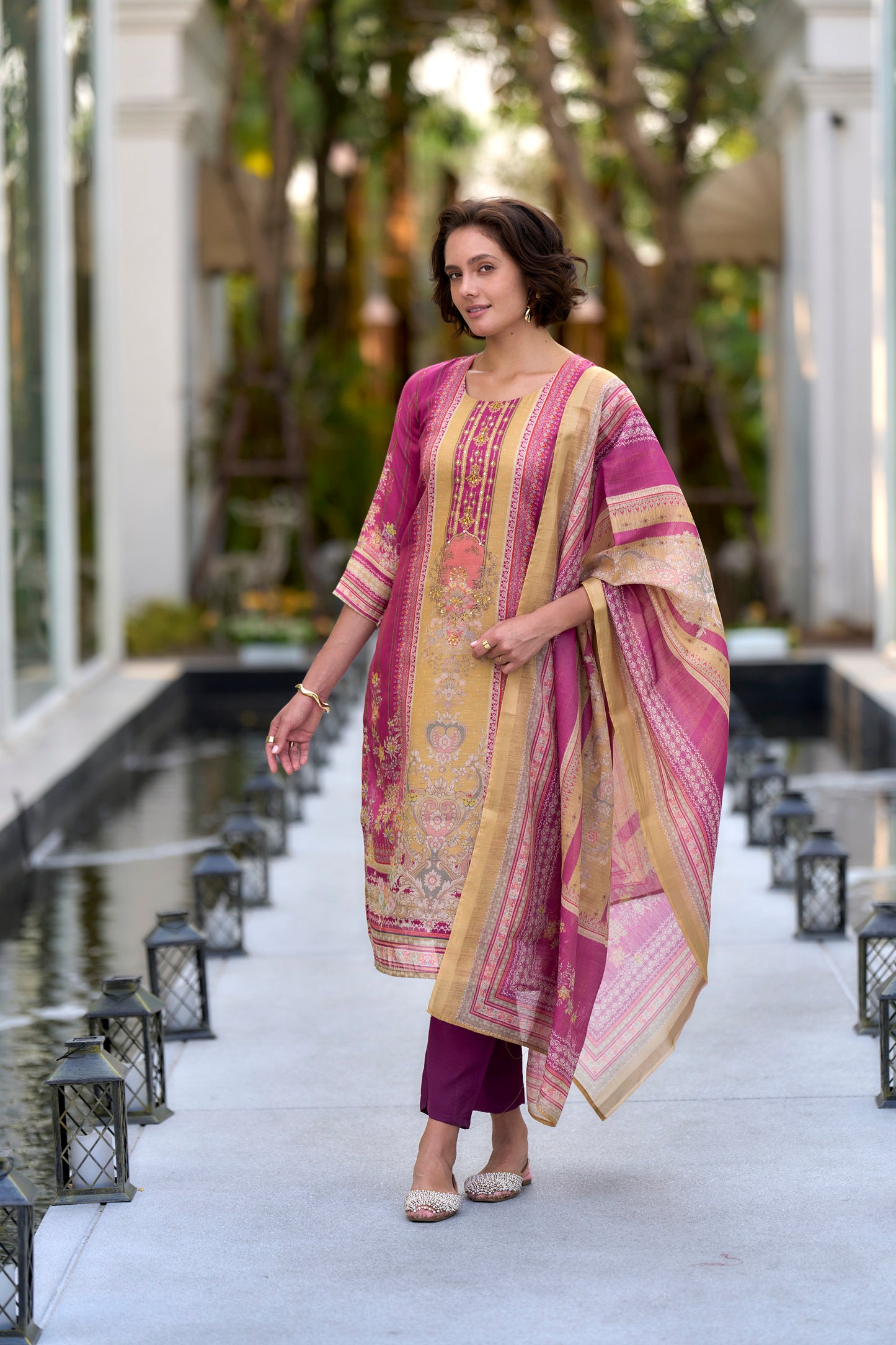 Pink Silk Blend Kurta Set with Embroidered Neckline & Matching Dupatta