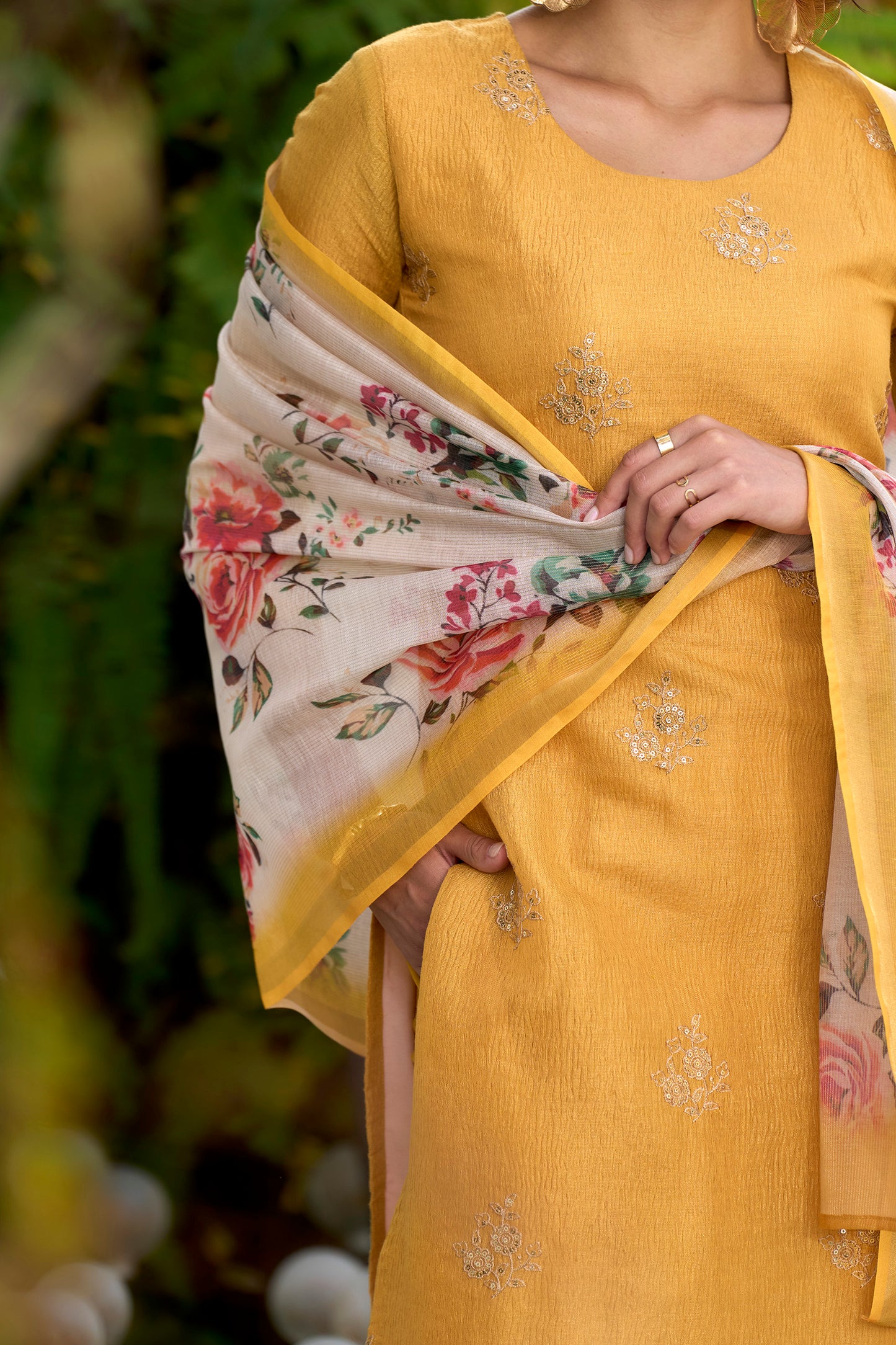 Yellow Tissue Kurta Set with Embroidered Neckline & Coordinated Dupatta