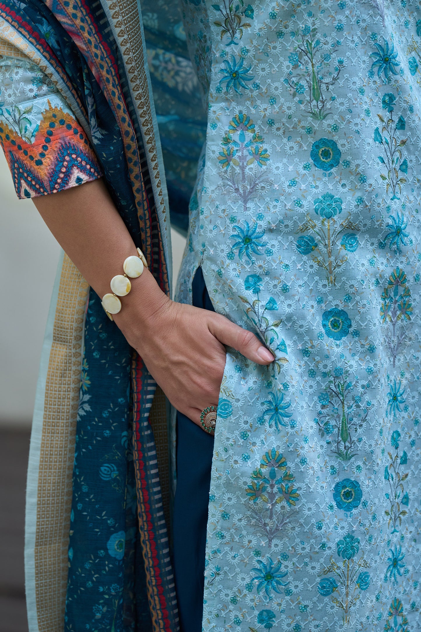 Sky Blue Cotton Printed Kurta Set with Embroidered Neckline & Linen Dupatta
