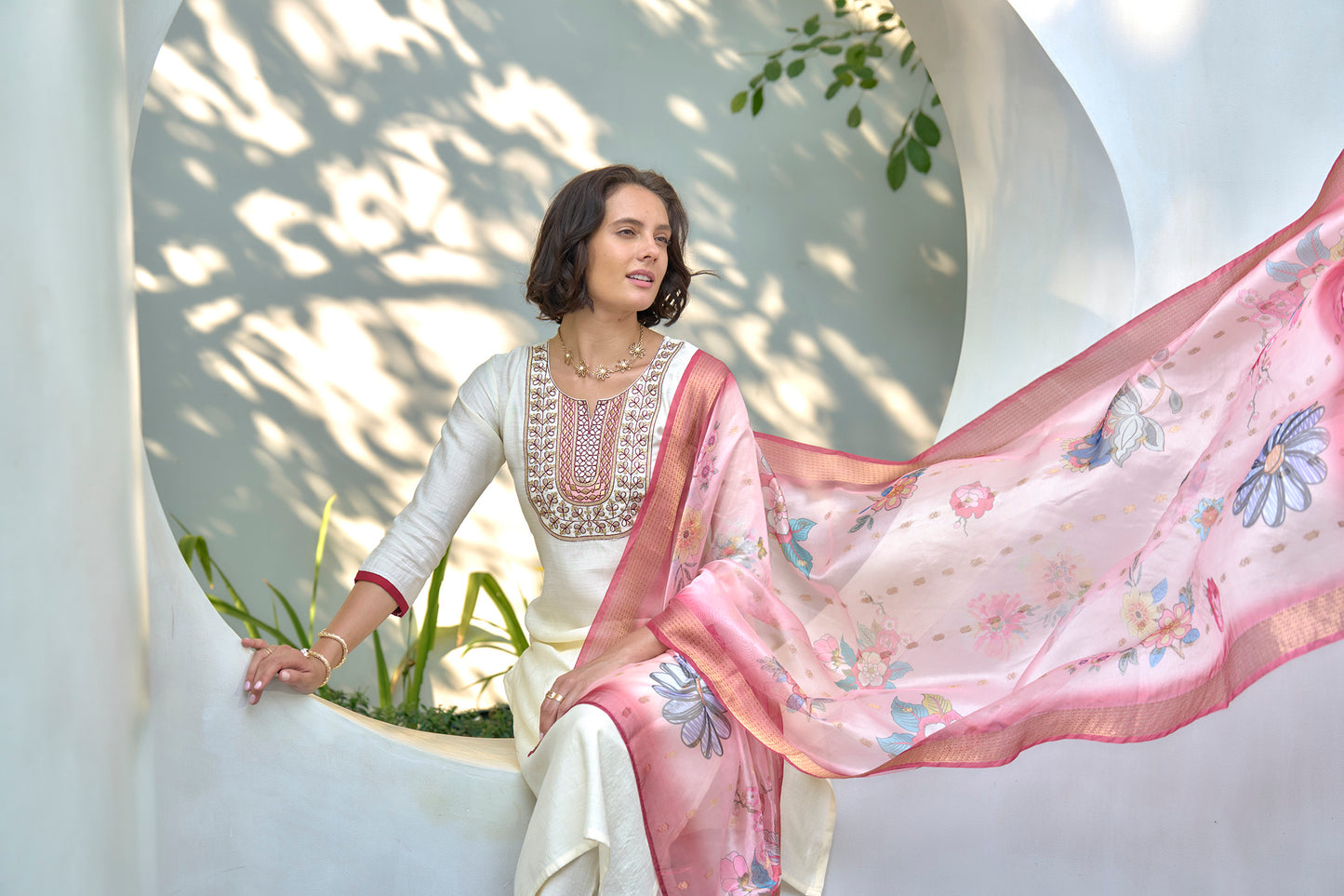 Off-White Vatican Kurta Set with Embroidered Neckline & Organza Butti Dupatta