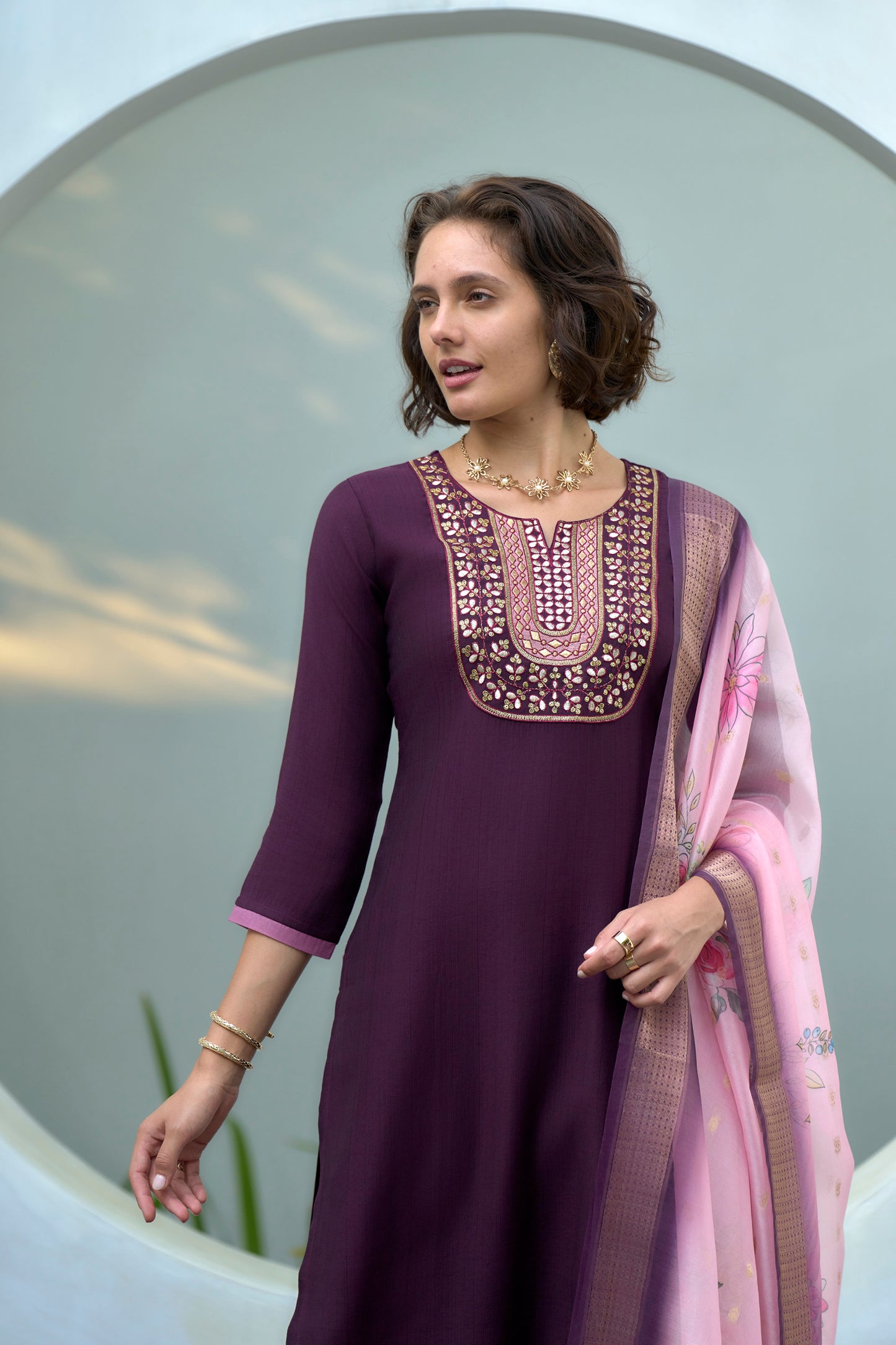 Purple Vatican Kurta Set with Embroidered Neckline & Organza Butti Dupatta