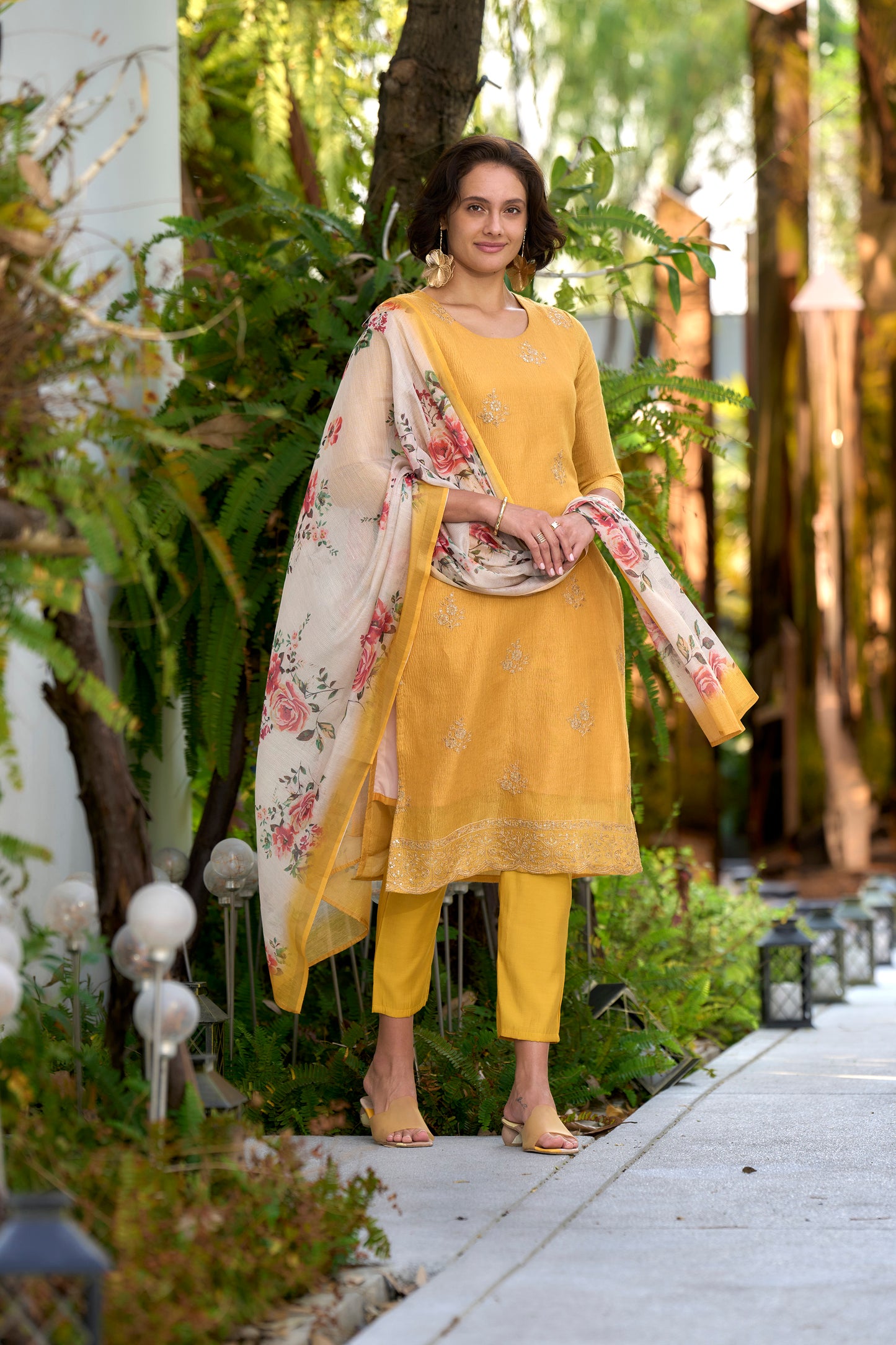 Yellow Tissue Kurta Set with Embroidered Neckline & Coordinated Dupatta