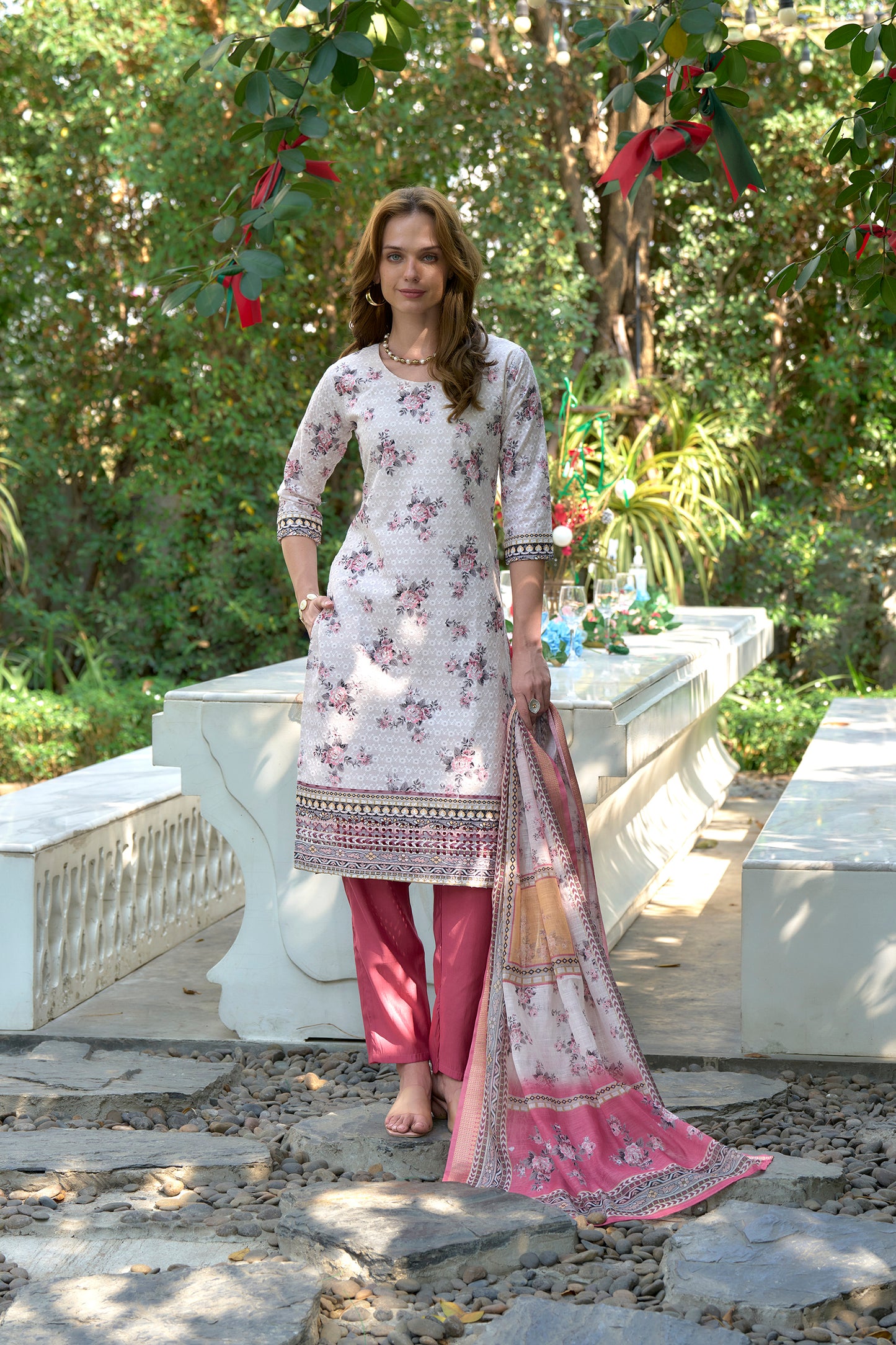 White Cotton Printed Kurta Set with Embroidered Neckline & Linen Dupatta