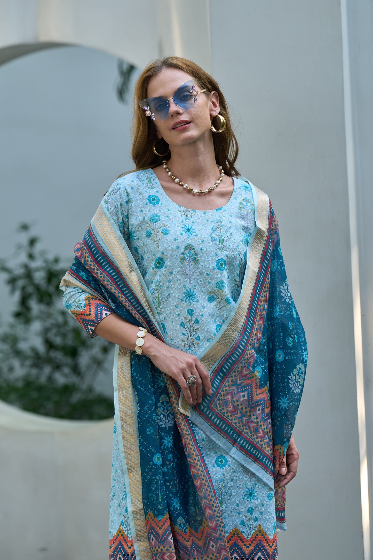 Sky Blue Cotton Printed Kurta Set with Embroidered Neckline & Linen Dupatta
