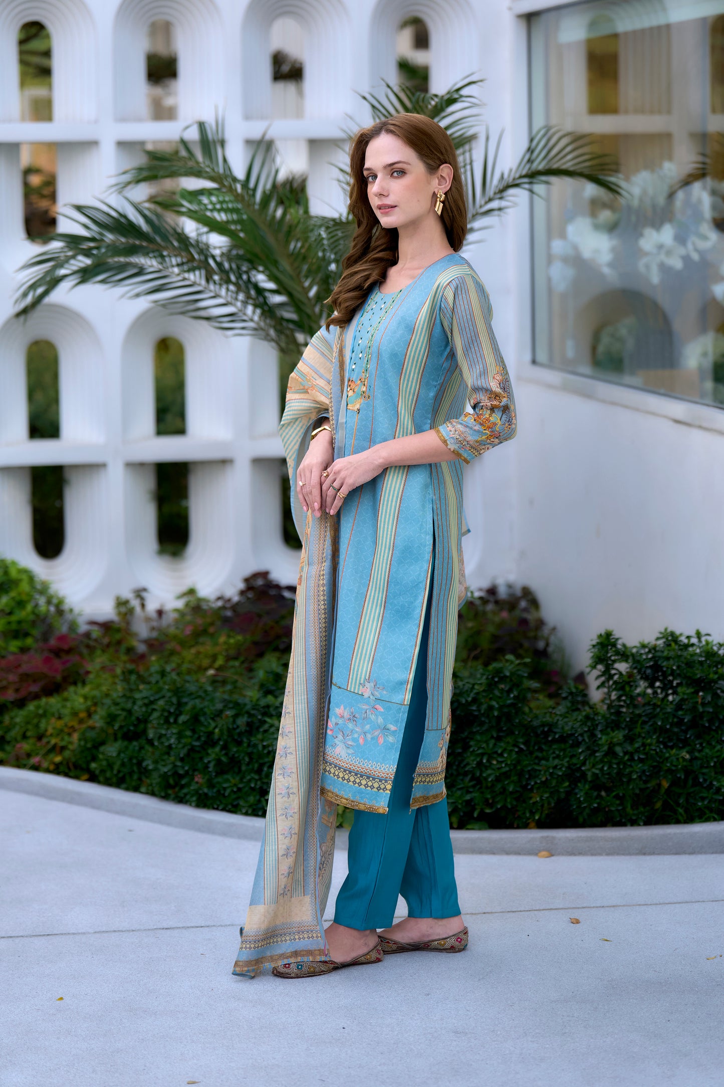 Graceful Sky Blue Silk Blend Kurta Set with Embroidered Neckline & Dupatta