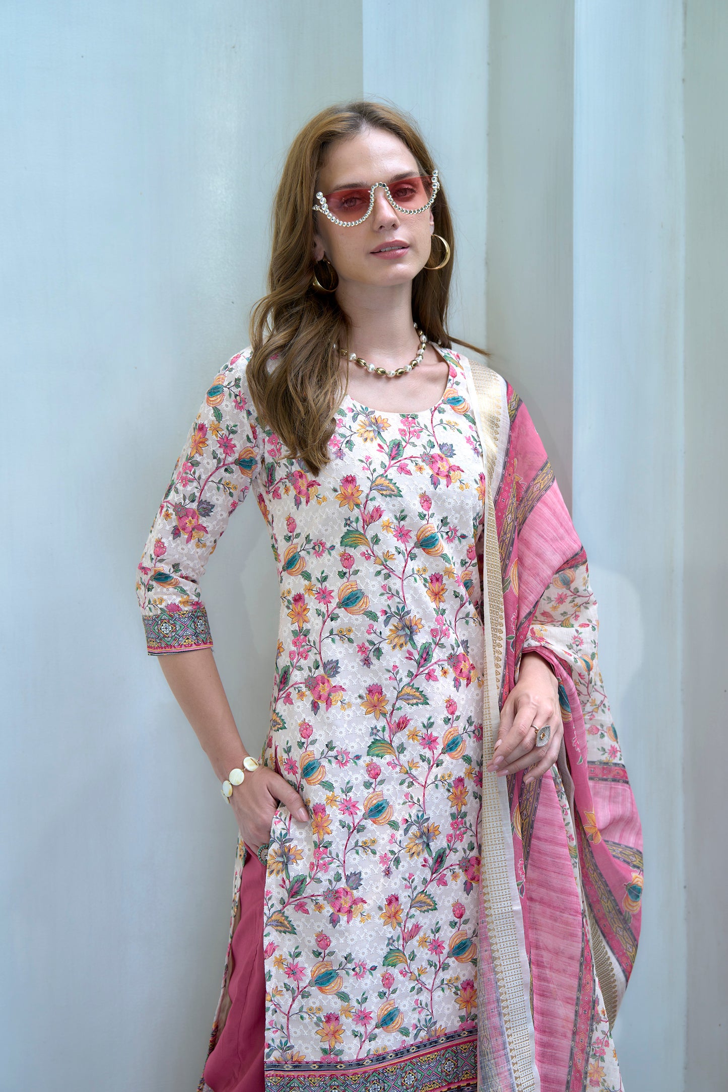 White & Pink Printed Cotton Kurta Set with Embroidered Neckline and Linen Dupatta