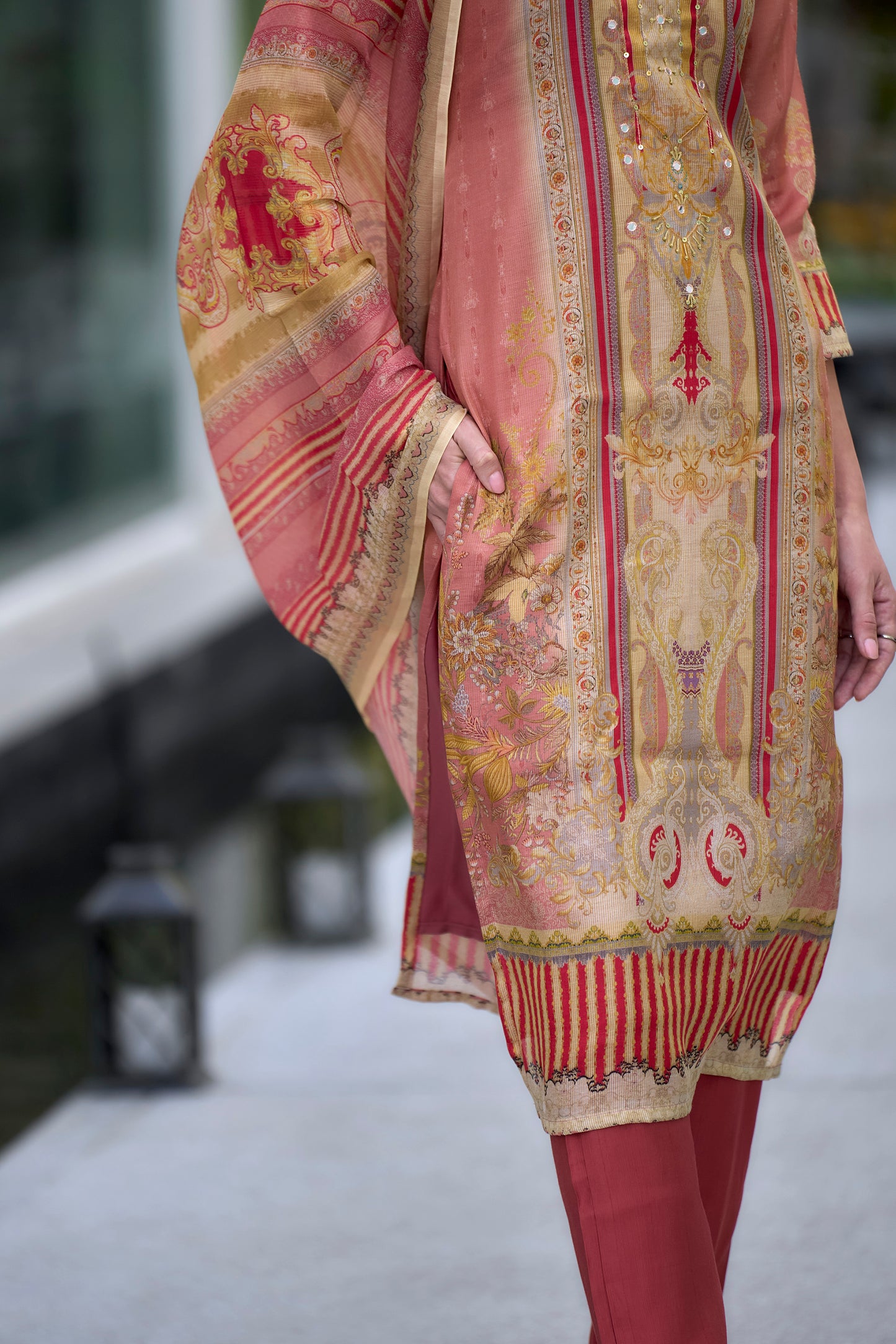 Elegant Peach Silk Blend Kurta Set with Embroidered Neckline & Dupatta