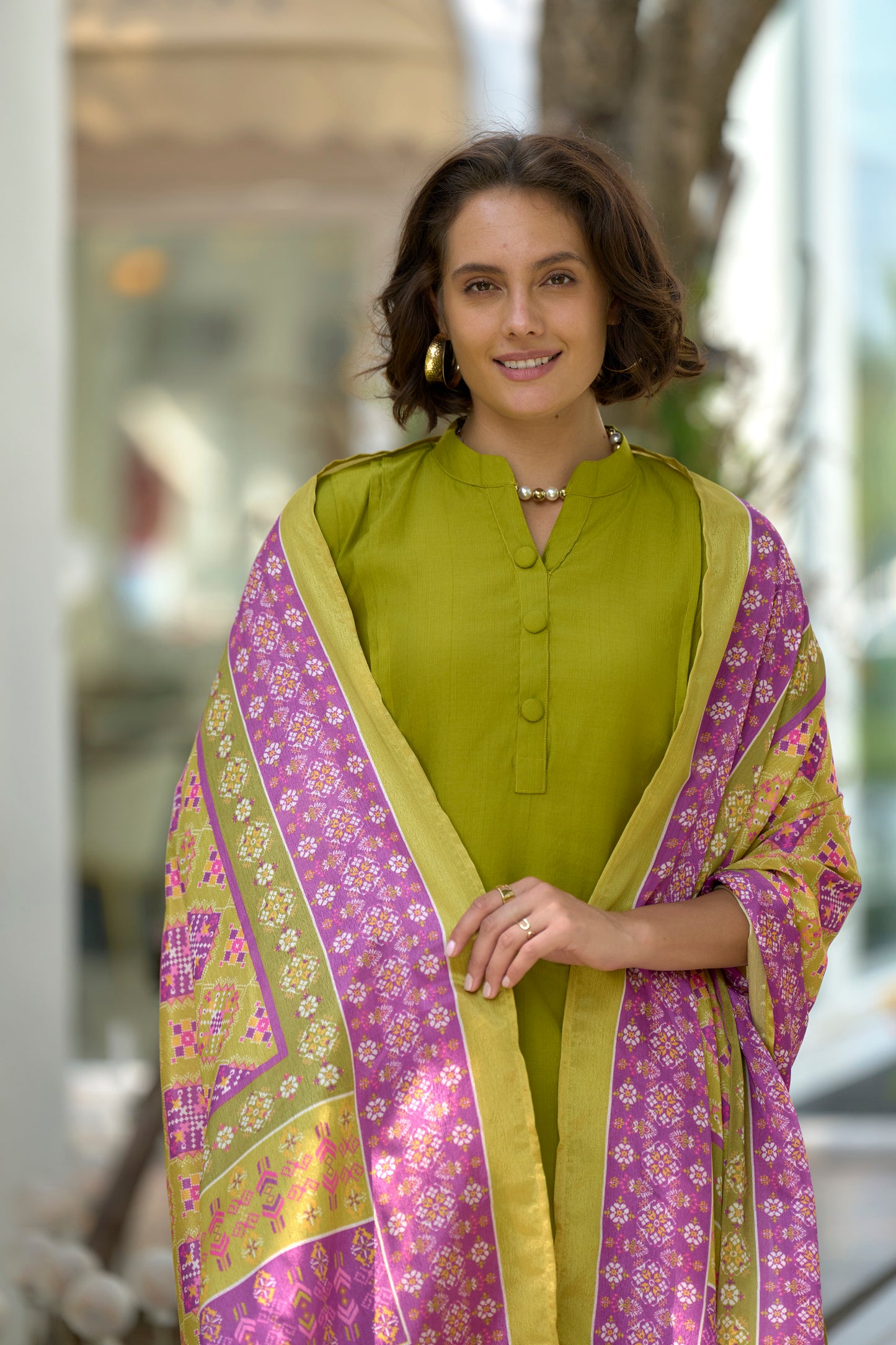 Mehendi Green Vatican Kurta Set with Embroidered Neckline and Chinnon Dupatta